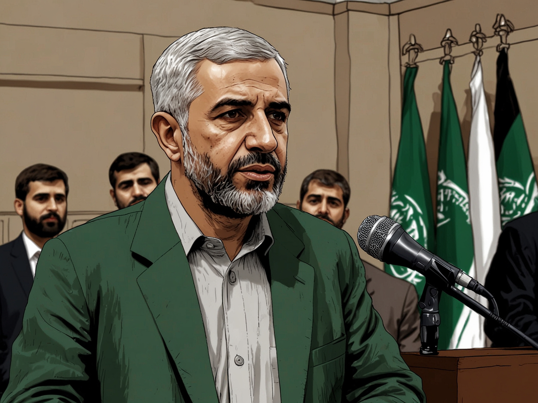 Yahya Sinwar, leader of Hamas, speaking at a press conference, illustrating his public humiliation of U.S. officials and the strategic use of media for propaganda.