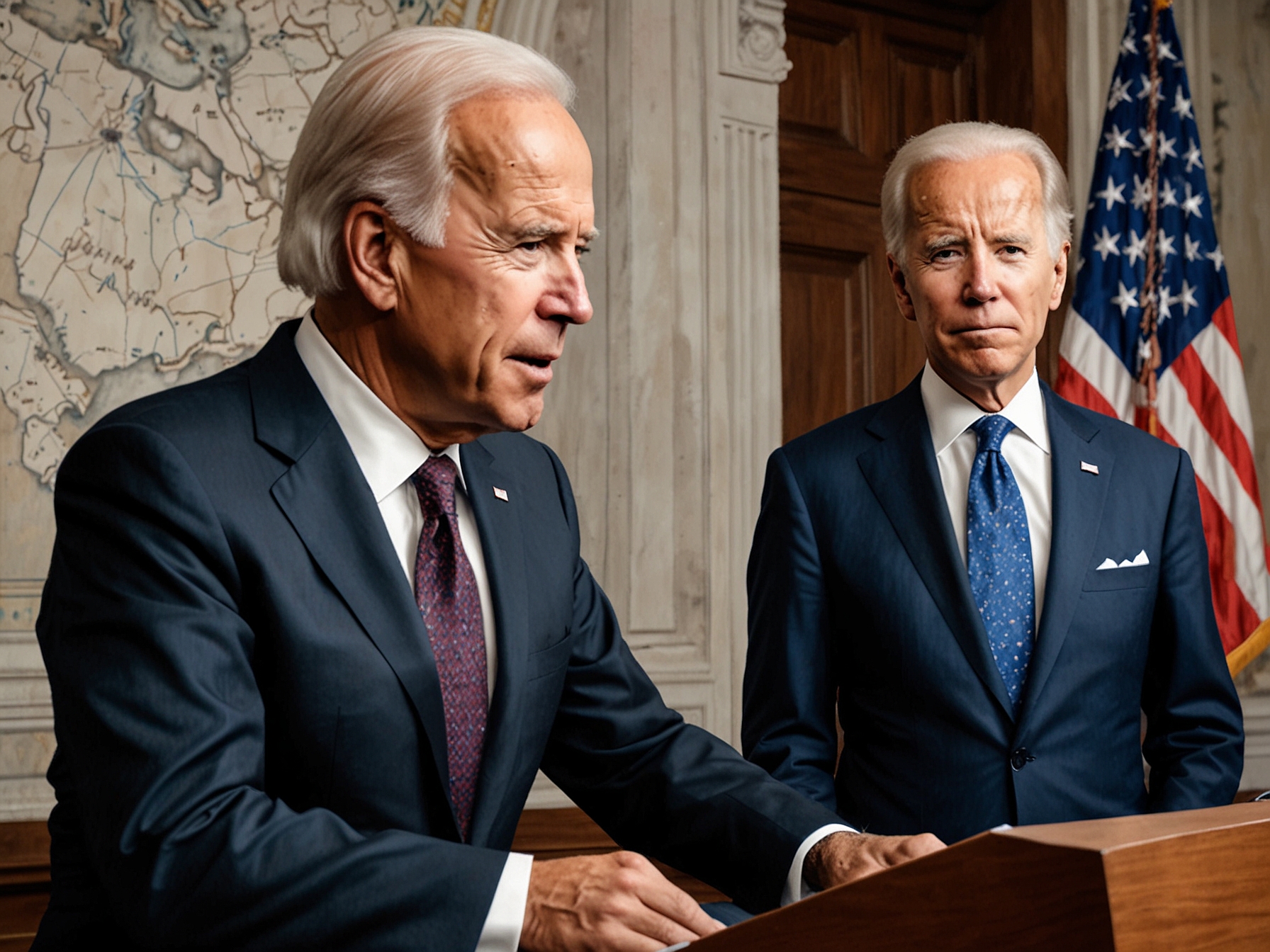 U.S. Secretary of State Antony Blinken and President Joe Biden during a press briefing, facing criticism and showing the strain of managing the volatile situation in the Middle East.