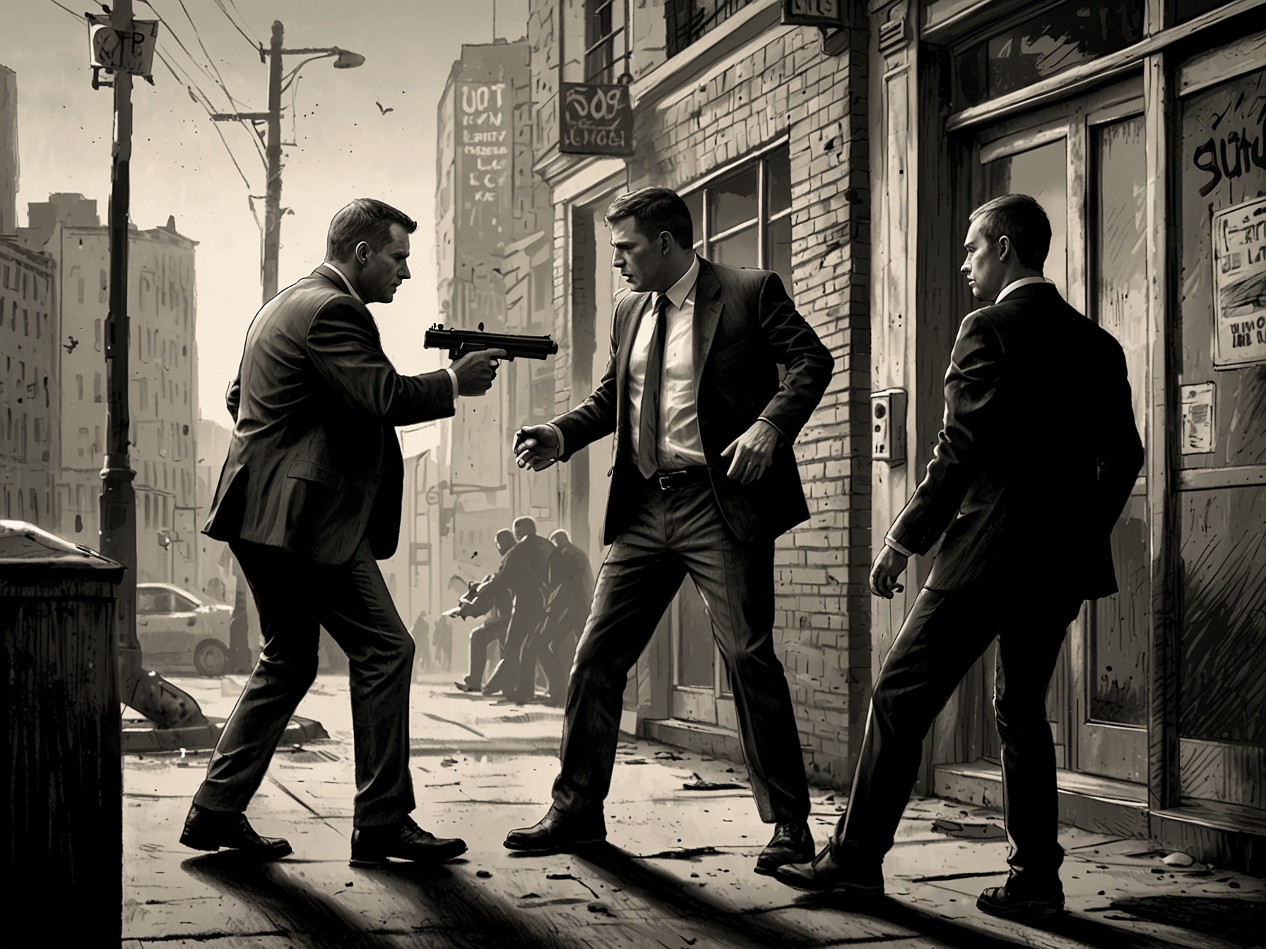 An illustration depicting a tense early morning scene where an off-duty Secret Service agent is confronted by two armed assailants, capturing the urgency and danger of the incident.