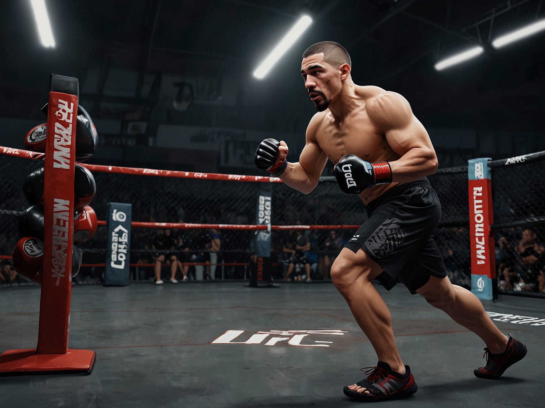 Robert Whittaker training in a gym, showcasing his intense preparation and strategic mindset as he gears up for his unexpected bout against Ikram Aliskerov at UFC Saudi Arabia.