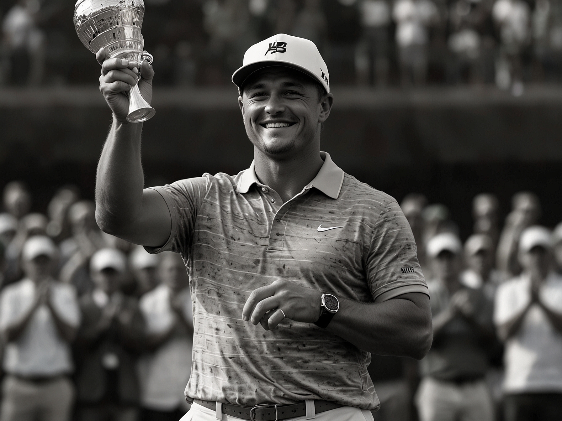 Bryson DeChambeau celebrates his U.S. Open victory on the 18th green, holding the championship trophy aloft with a triumphant smile, showing his joy and relief after a tough competition.