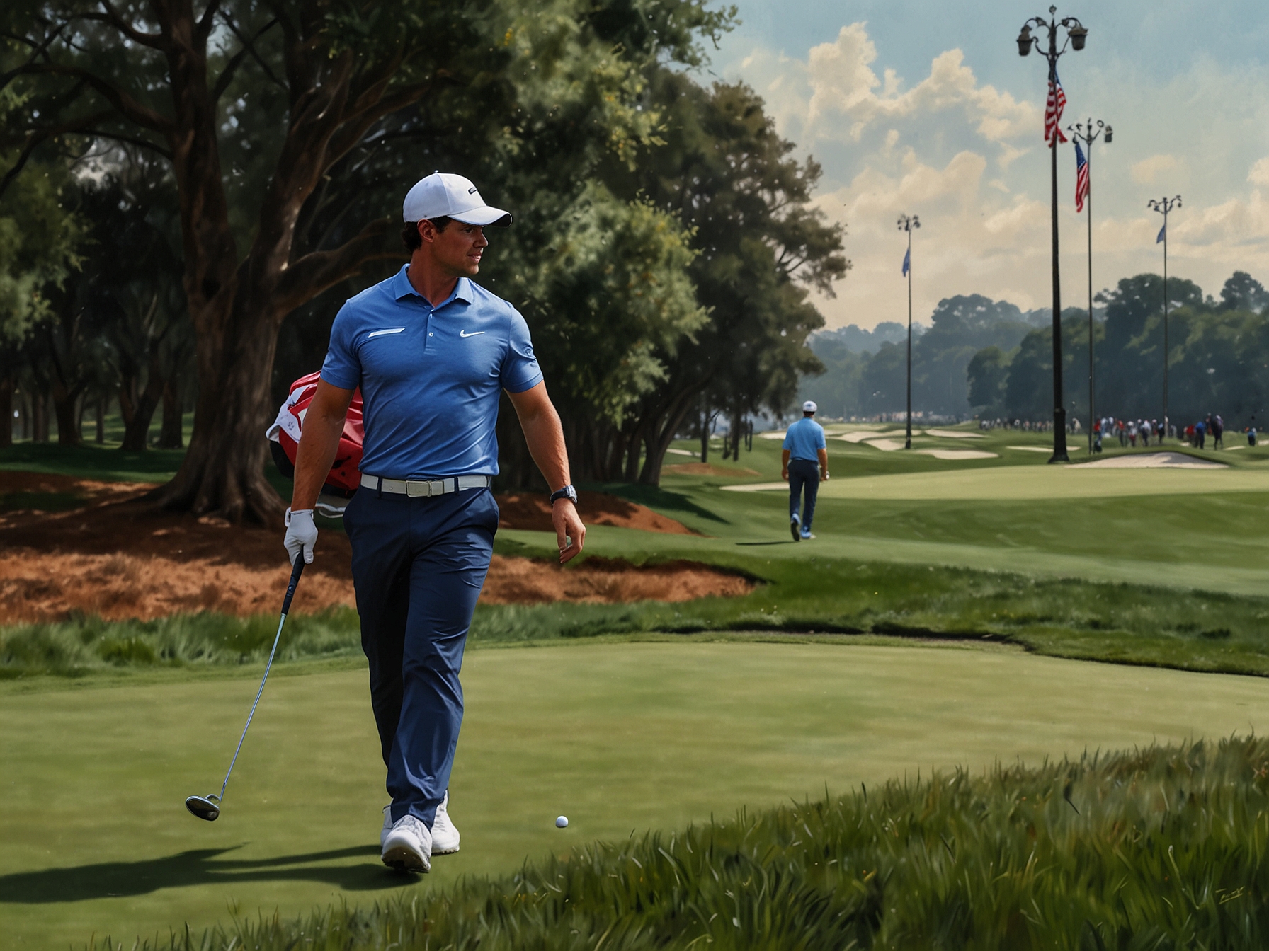 Rory McIlroy and Bryson DeChambeau walking together on the fairway during the U.S. Open, illustrating the intense competition and sportsmanship between the two golf greats.