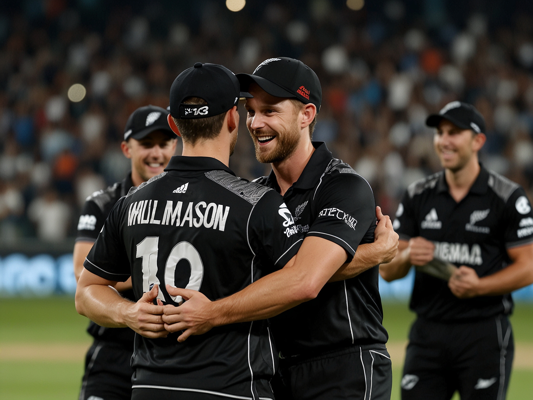 Kane Williamson embraces Trent Boult on the field after Boult's final T20 World Cup match, both players surrounded by their teammates in a moment of respect and admiration.