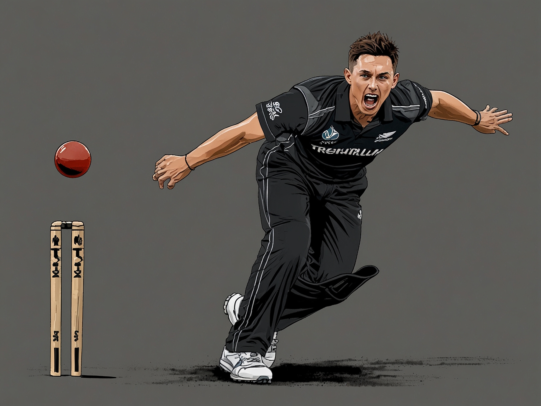Trent Boult, in action during his last T20 World Cup game, delivering a bowled ball with precision and intensity, showcasing his renowned swing bowling skills for one last time on the grand stage.