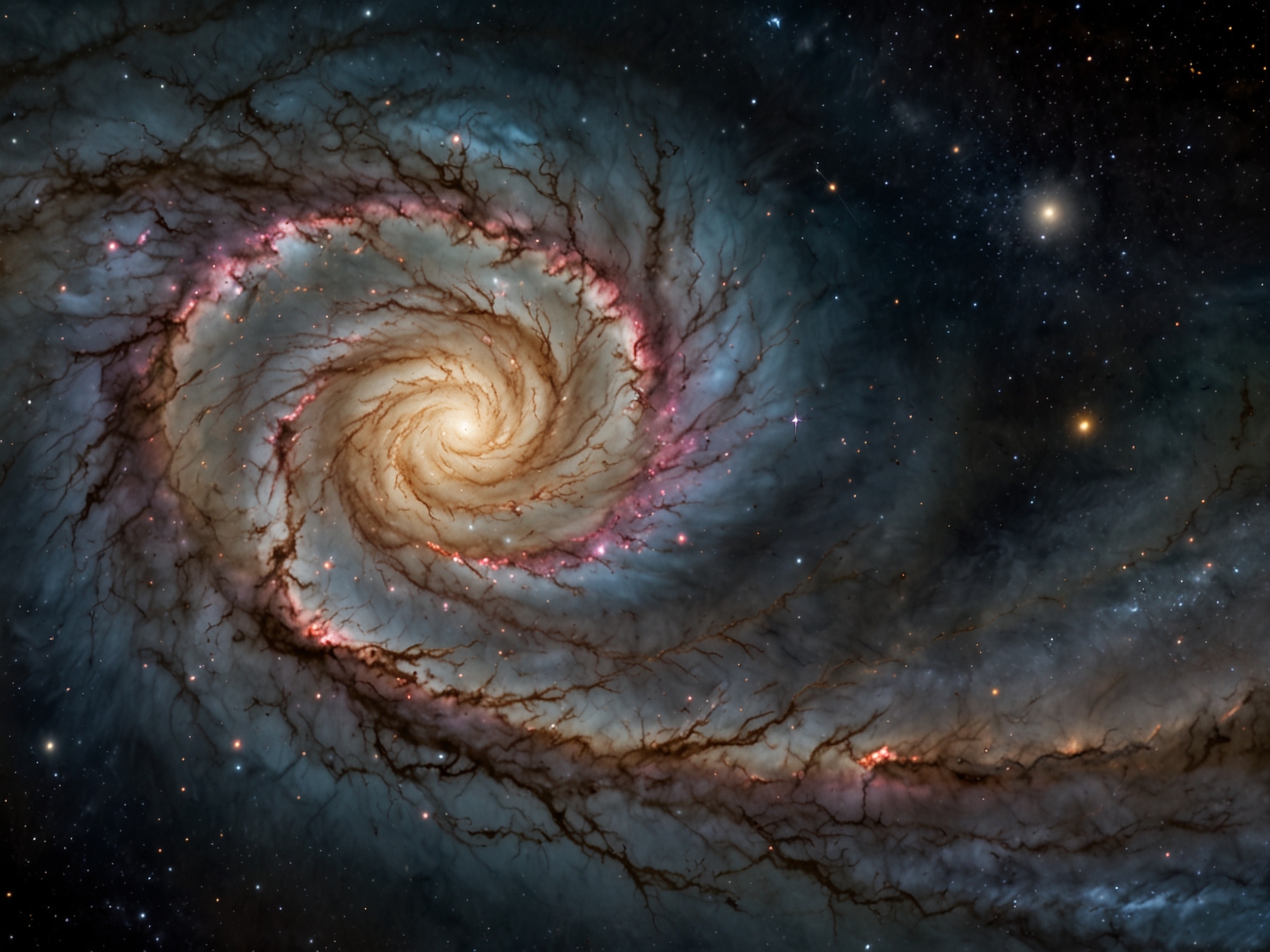 The Whirlpool Galaxy, M51, showcases its distinctive spiral arms and vibrant colors, presenting an enchanting view of this classic spiral galaxy located around 23 million light-years away.