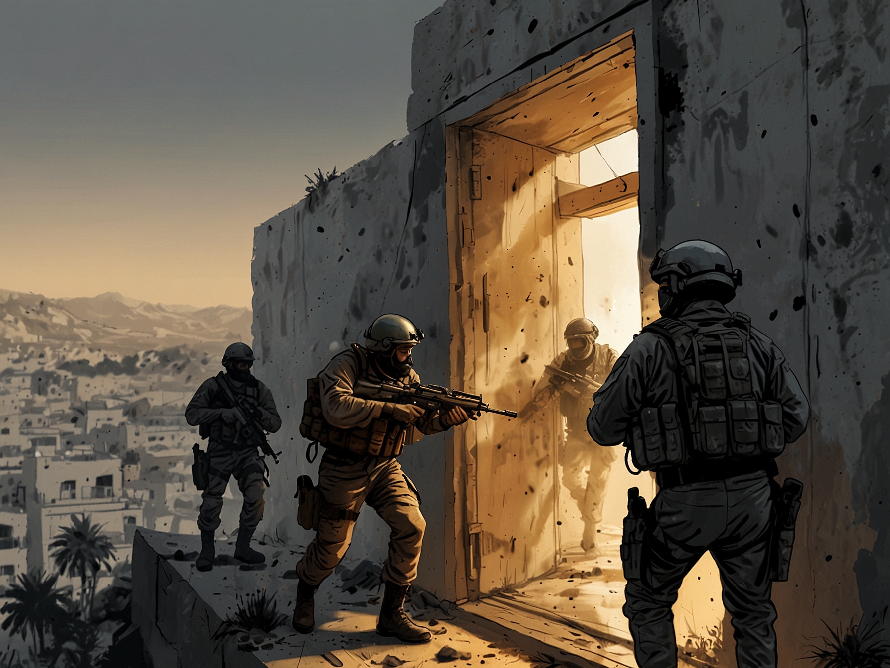 An illustration showing a tense hostage rescue operation, with Israeli special forces attempting a rescue, highlighting the complexities and risks involved in such missions.