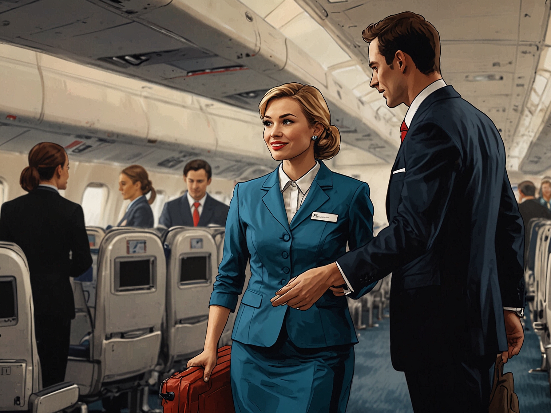A flight attendant warmly greets passengers as they board the airplane, evaluating each one briefly. This initial interaction helps identify any potential security threats or special assistance needs.