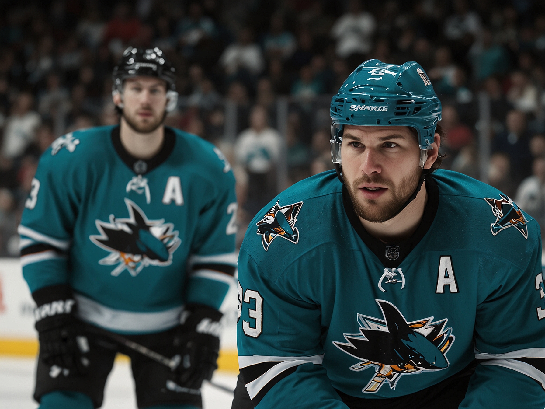 Logan Couture, captain of the San Jose Sharks, leading his team during an intense NHL game, showcasing his leadership and strategic influence on ice.
