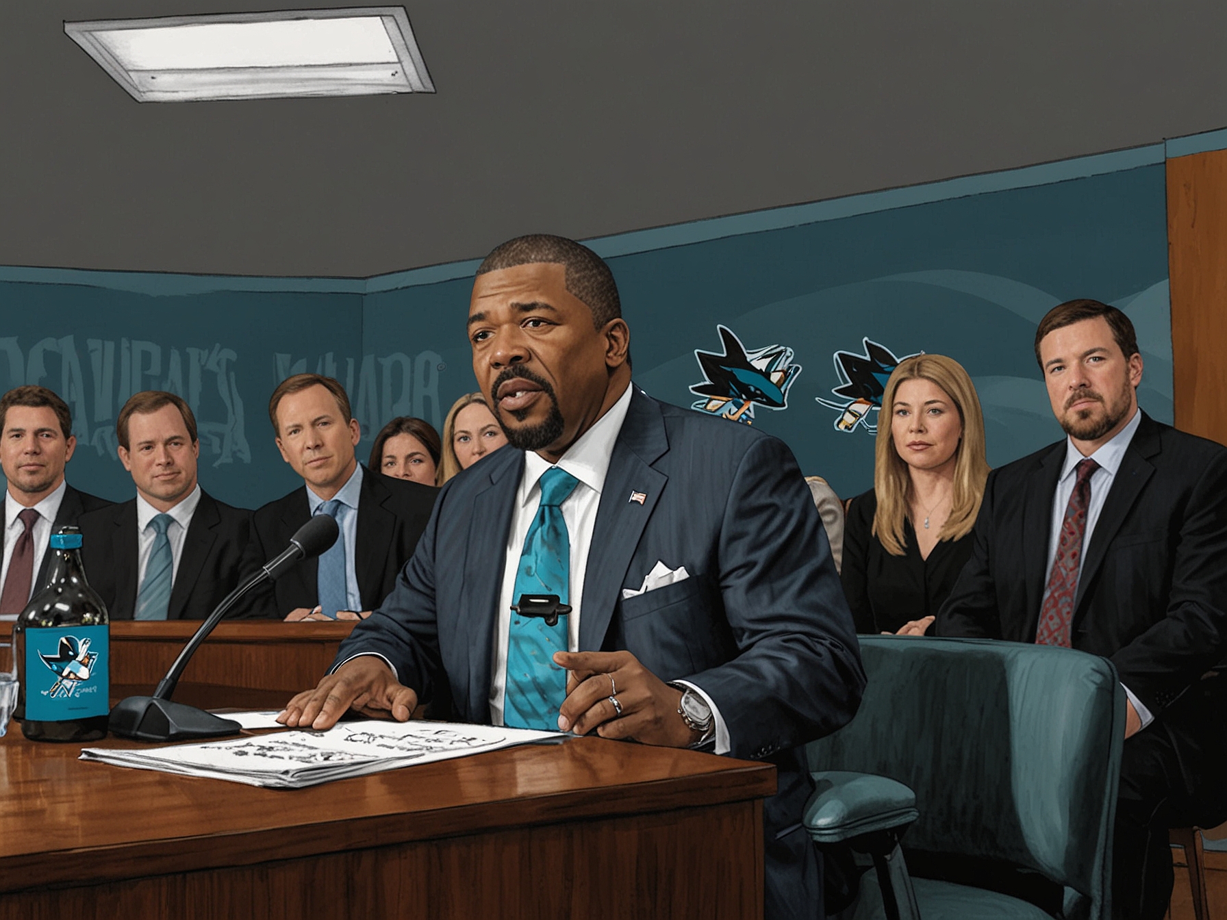 San Jose Sharks General Manager Mike Grier in a press conference, emphasizing his decision to retain team captain Logan Couture for his multifaceted contributions.