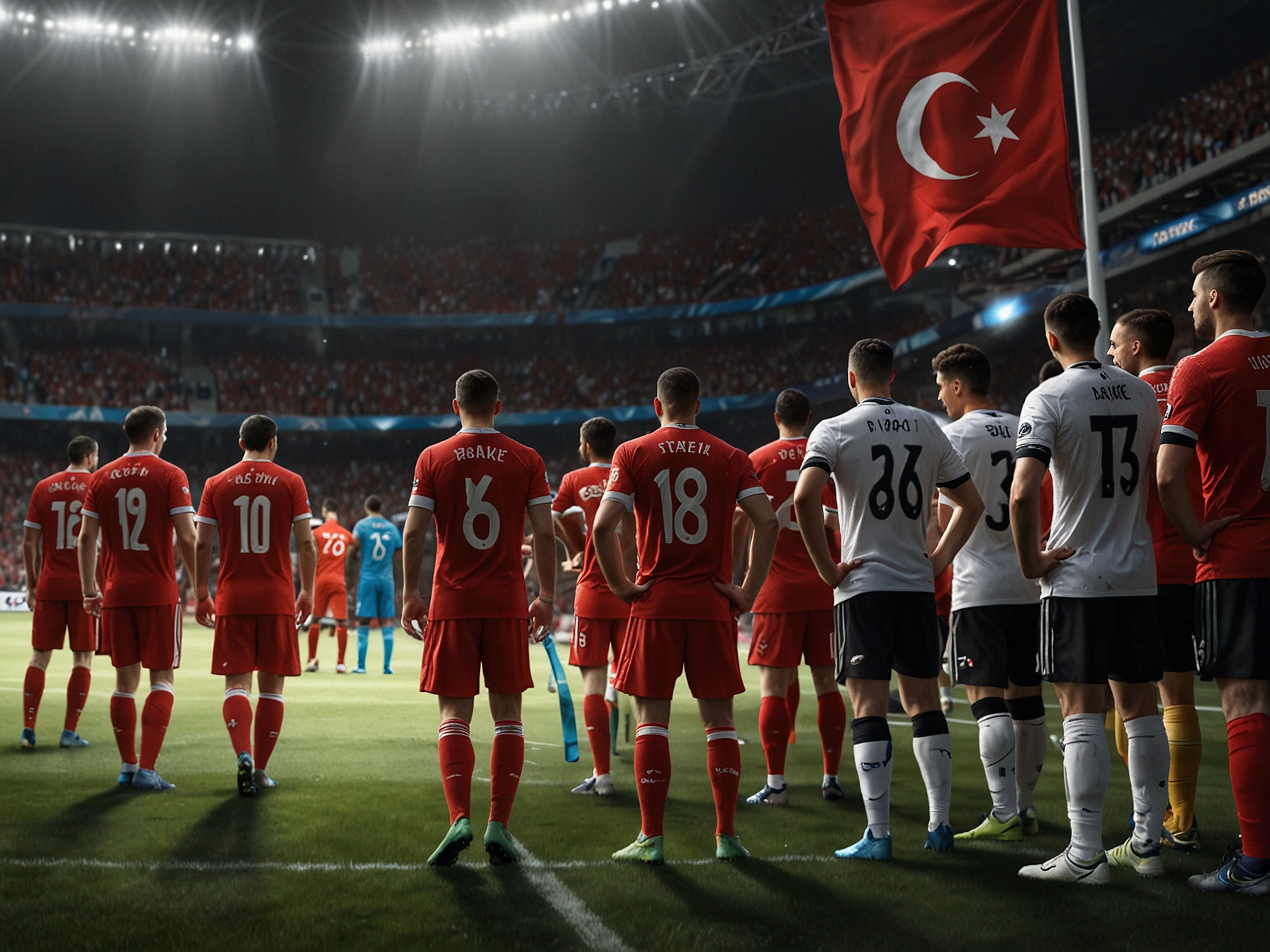 A dramatic scene in a packed stadium as Turkish and Georgian players line up before kickoff, flag bearers raising the national flags, embodying the anticipation and national pride of the Euro 2024 Group F match.