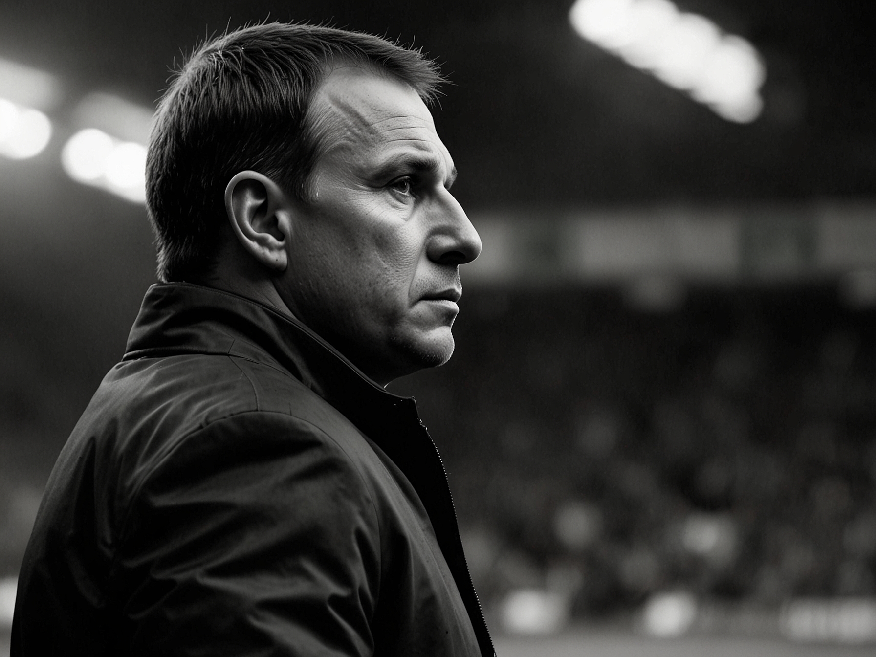 A depiction of Brendan Rodgers on the sidelines, deep in thought, representing the critical decision-making process in finding a new goalkeeper for Celtic FC amid financial and market constraints.