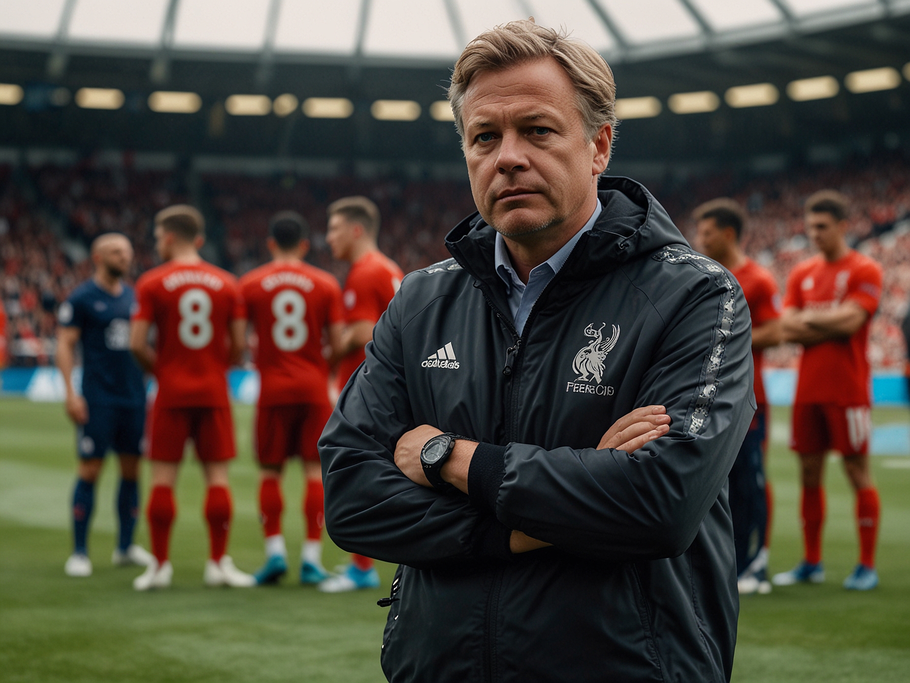 Manager Arne Slot stands confidently on the sidelines, strategizing as his Feyenoord players showcase their skills, fully aware of the critical Liverpool scouts in attendance at Euro 2024.