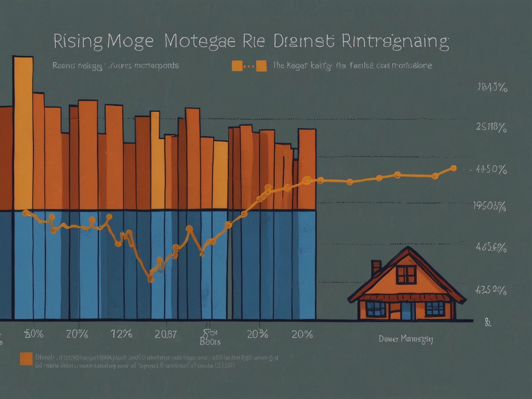 A graph showing the rising mortgage rates over the past few years, with a comparison to the costs associated with renting, highlighting the current trend favoring rental over buying.
