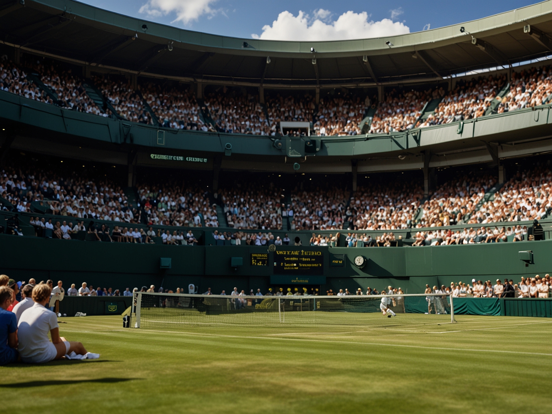 The iconic Centre Court at Wimbledon, with its lush grass surface, ready for the 2024 Grand Slam event. Spectators fill the stands, anticipating a thrilling match.