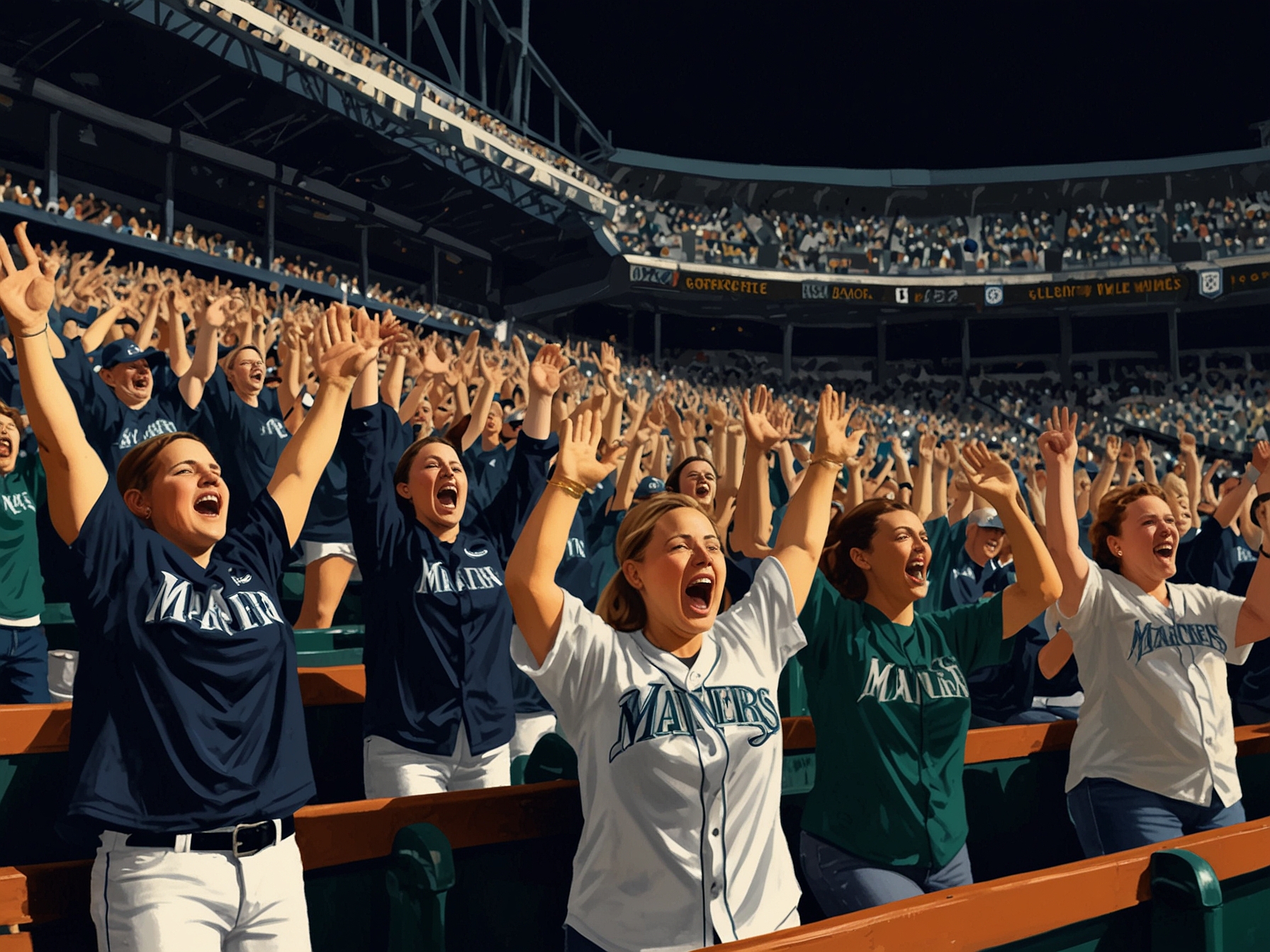 A jubilant crowd of Seattle Mariners fans in the stands, waving team banners and wearing team colors, celebrating a victory that brings them closer to clinching the AL West title.
