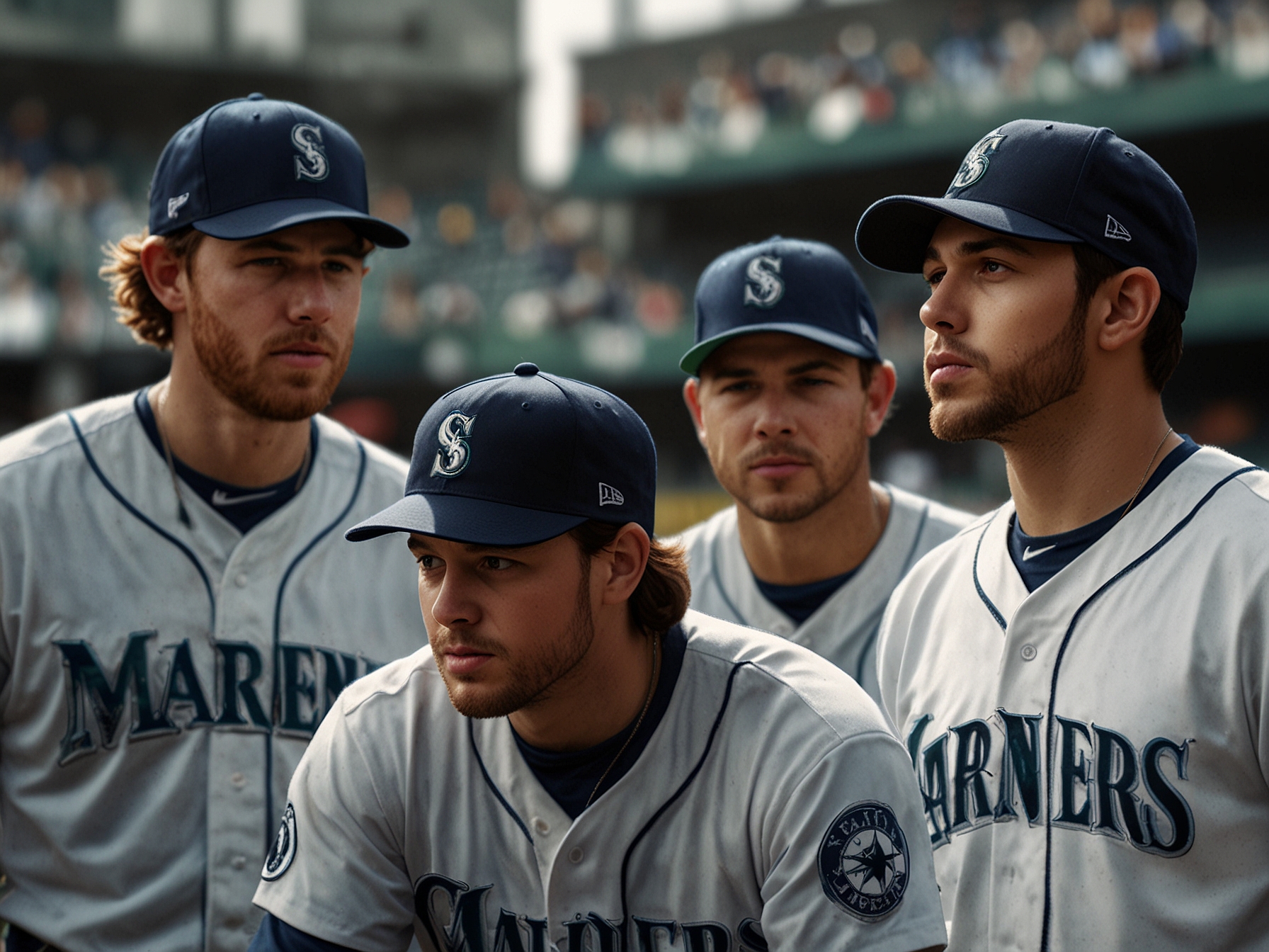 Seattle Mariners players huddled on the field with determination in their eyes, showcasing team spirit and chemistry as they strategize during a high-stakes game of the season.