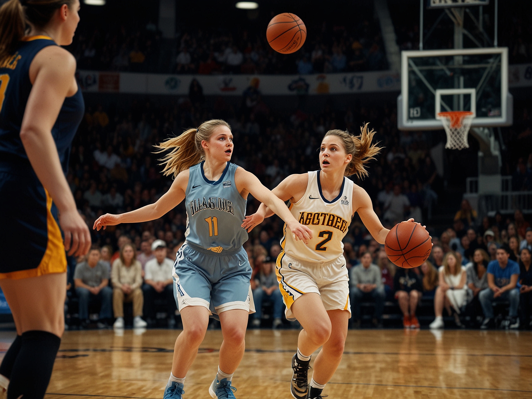 Angel Reese, in her team uniform, intercepts Caitlin Clark during a tense basketball game, leading to a controversial flagrant foul call. The arena is filled with an electrified crowd.