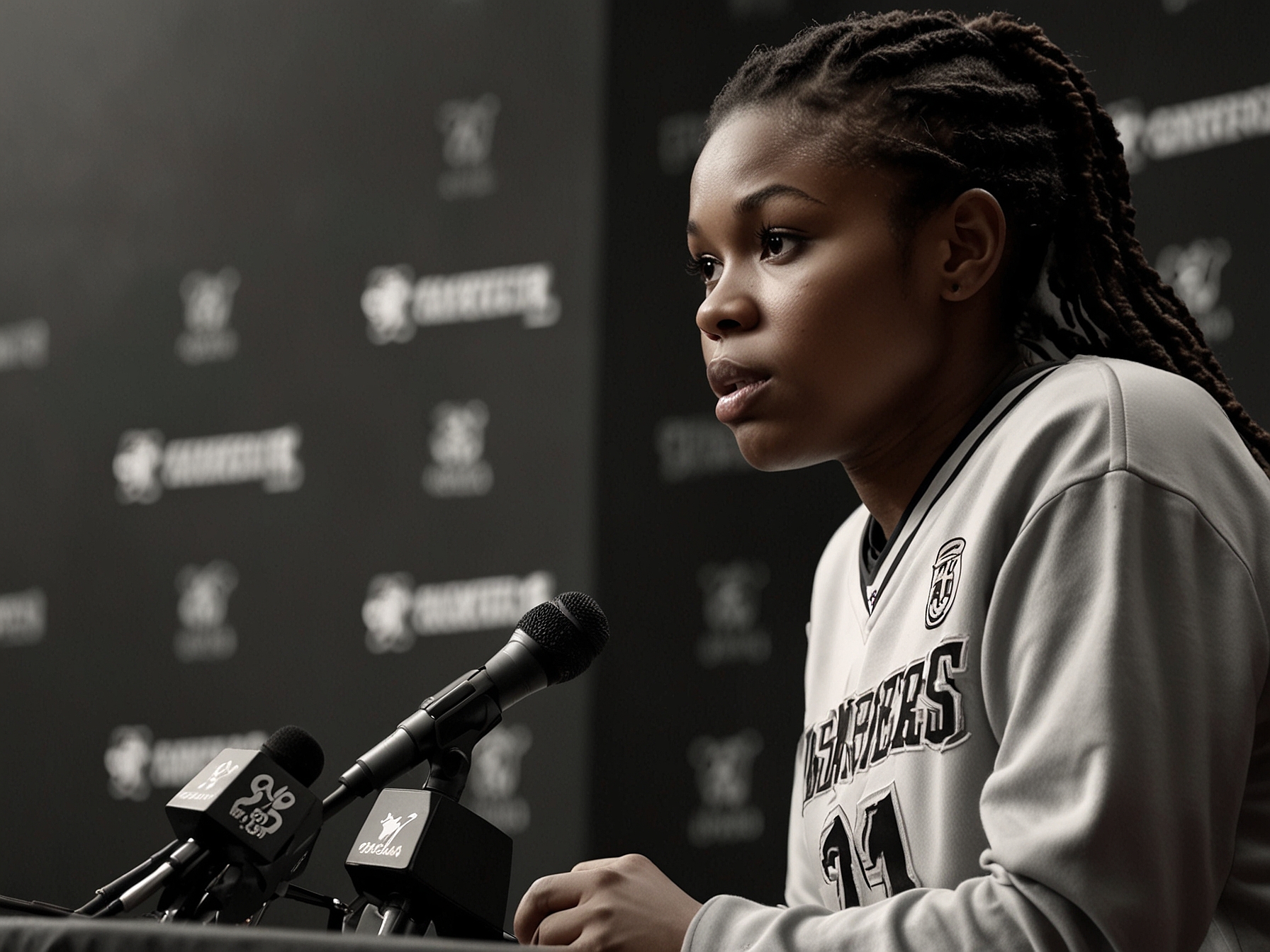 Post-game, Angel Reese addresses the media, explaining her perspective on the controversial foul. Her determined expression captures the intensity and passion she brings to the sport.