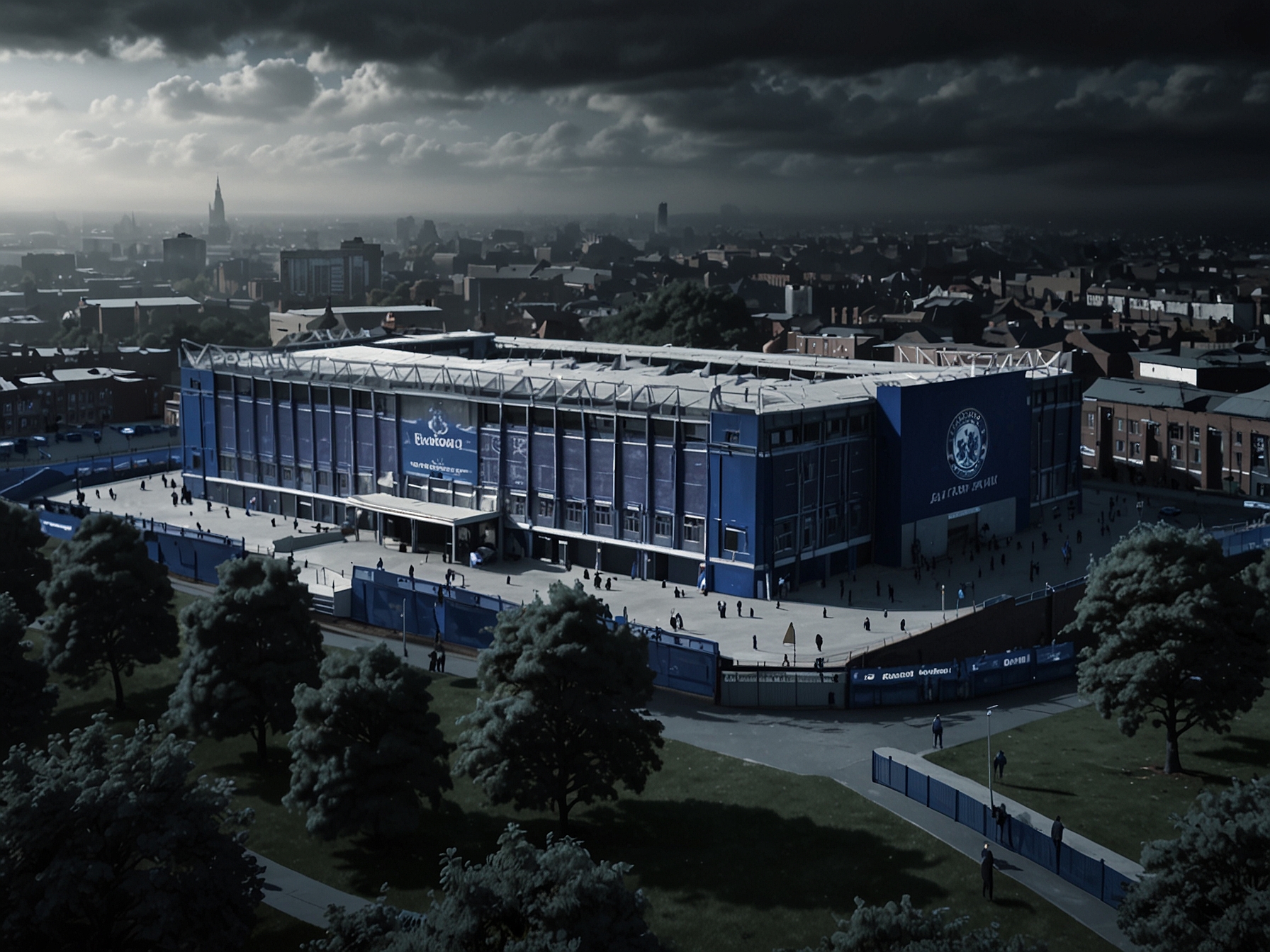 Everton’s Goodison Park stadium with vision icons overlayed. This represents the potential infrastructural improvements and commercial growth that Friedkin could implement if he takes over the club.