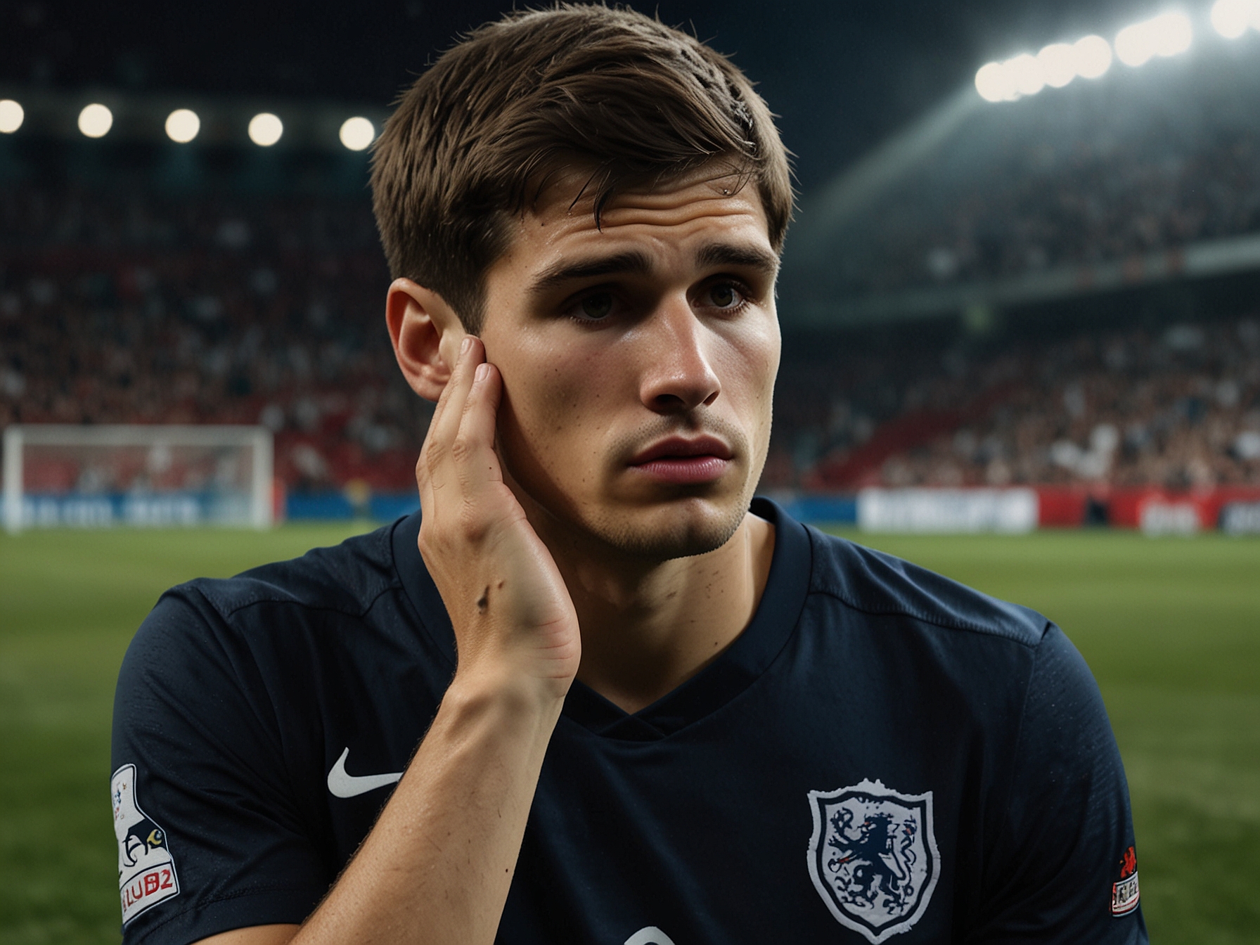 A dejected John Stones on the football field during England's Euro 2024 opener, symbolizing the struggles and criticisms faced by the defender after a poor performance.