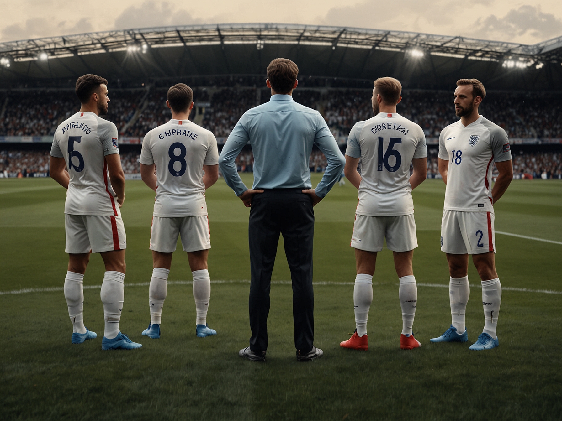 England's team regrouping on the pitch under the watchful eyes of Gareth Southgate, emphasizing the need for strategic reassessment and improved performances in Euro 2024.
