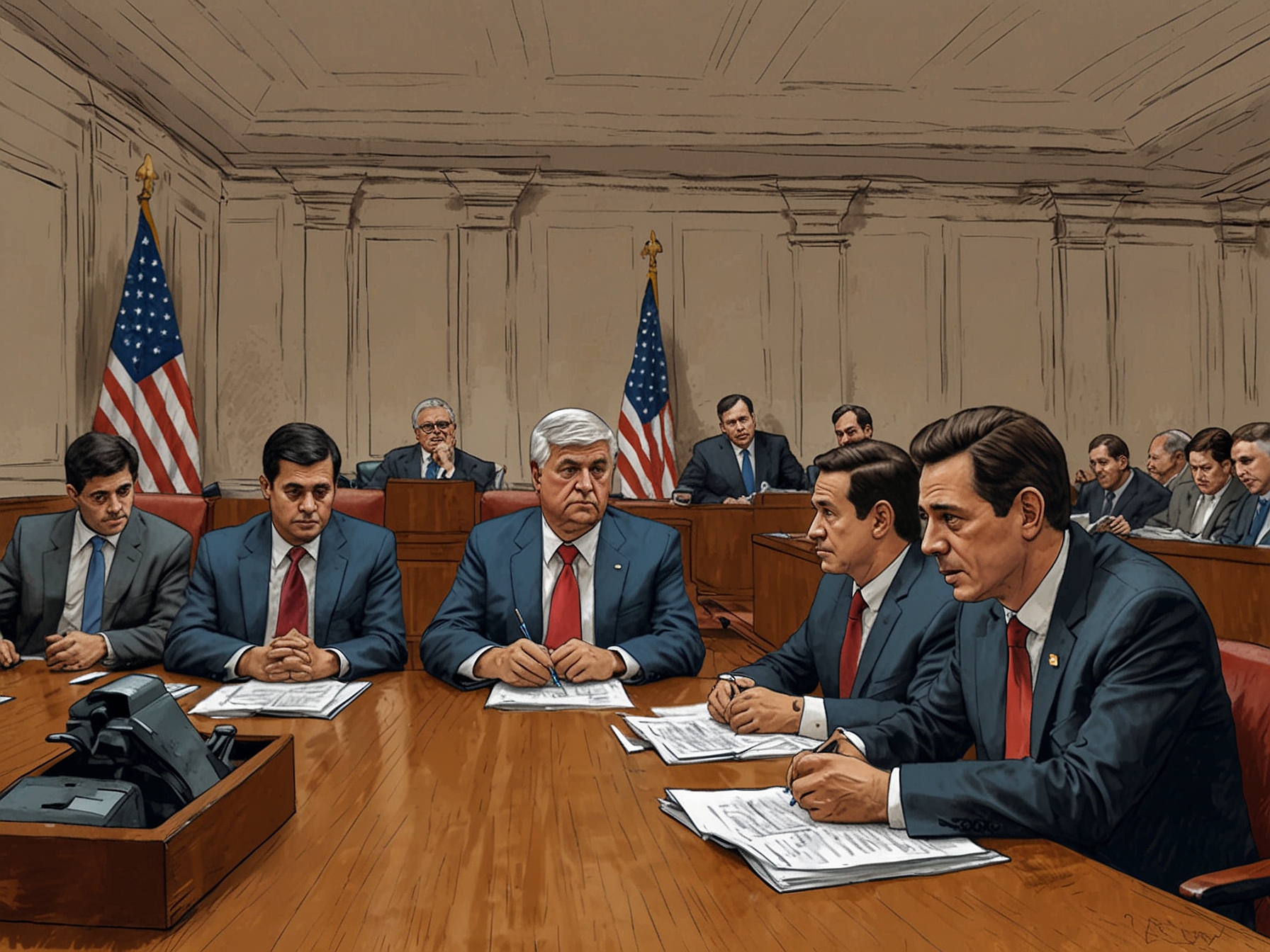 Illustration of a House committee meeting, with lawmakers demanding answers from border security officials regarding the arrest of eight Tajik individuals suspected of a terror plot.