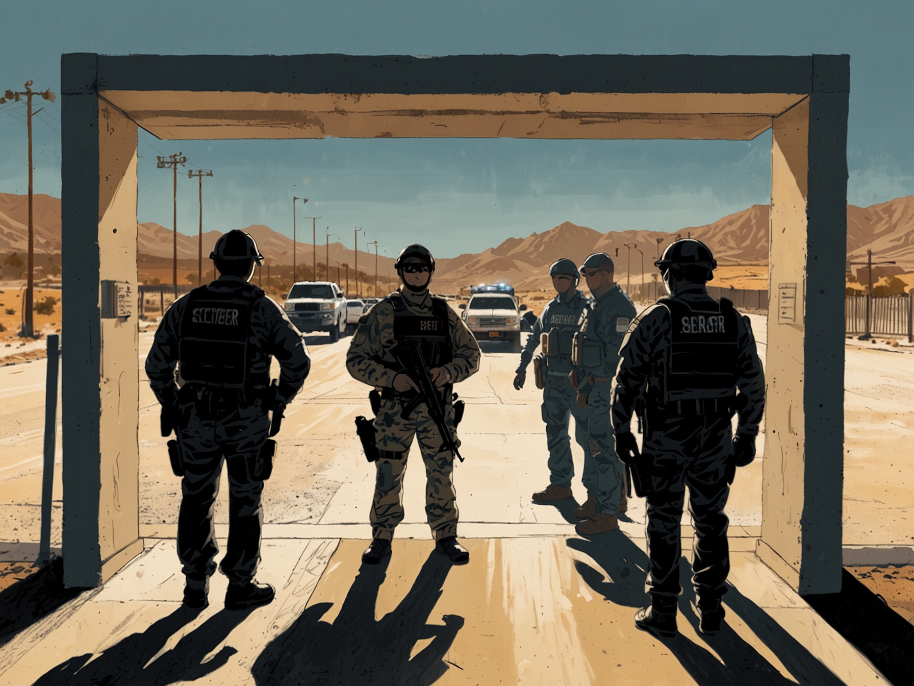Image depicting border security personnel at a U.S. checkpoint, emphasizing the need for improved screening measures and advanced technology to detect potential threats at the border.