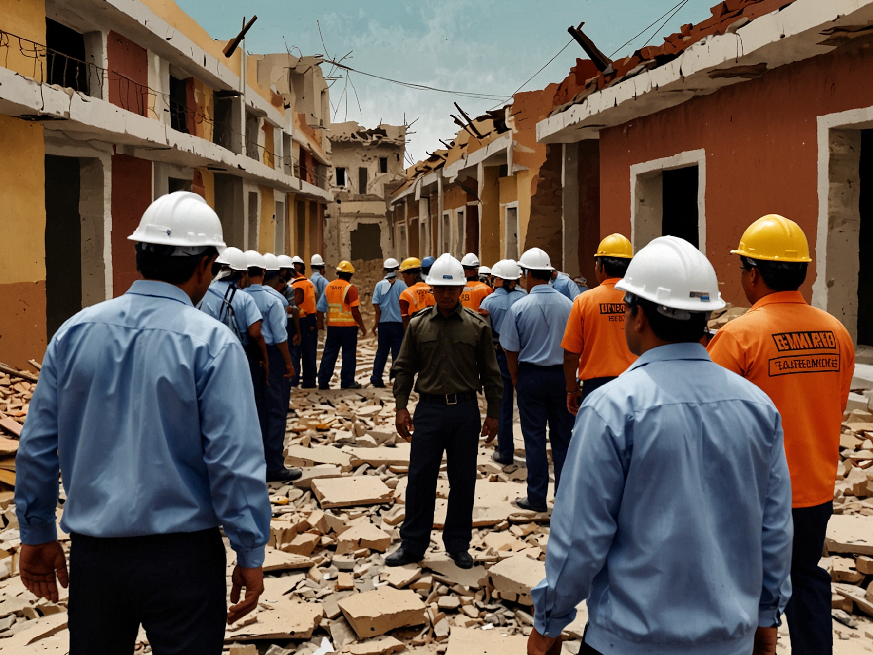 Emergency response teams in southern Peru evaluate the structural damage caused by the earthquake. The image captures officials and citizens inspecting buildings and providing assistance to affected areas.