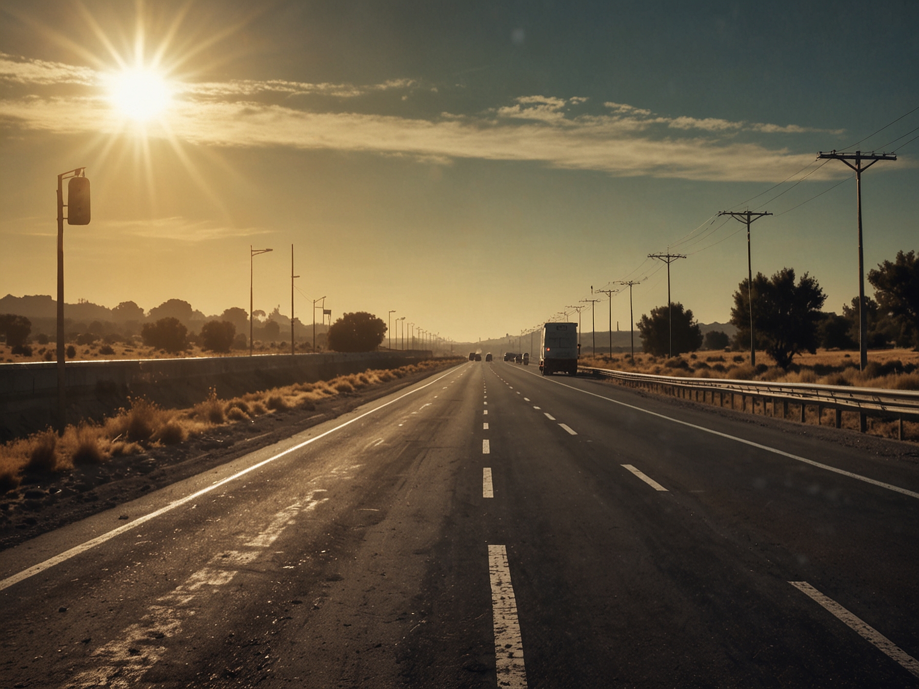 A deserted highway with minimal traffic under a scorching sun, illustrating the decline in long-haul commercial transportation due to extreme heat affecting diesel demand.