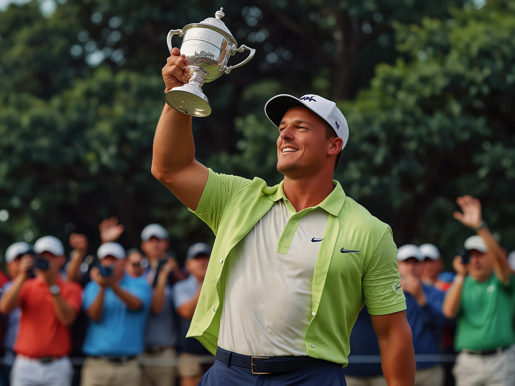 Bryson DeChambeau celebrates his victory at the 120th U.S. Open, holding the trophy aloft at Winged Foot Golf Club. His win exemplifies his unique and analytical approach to the game.