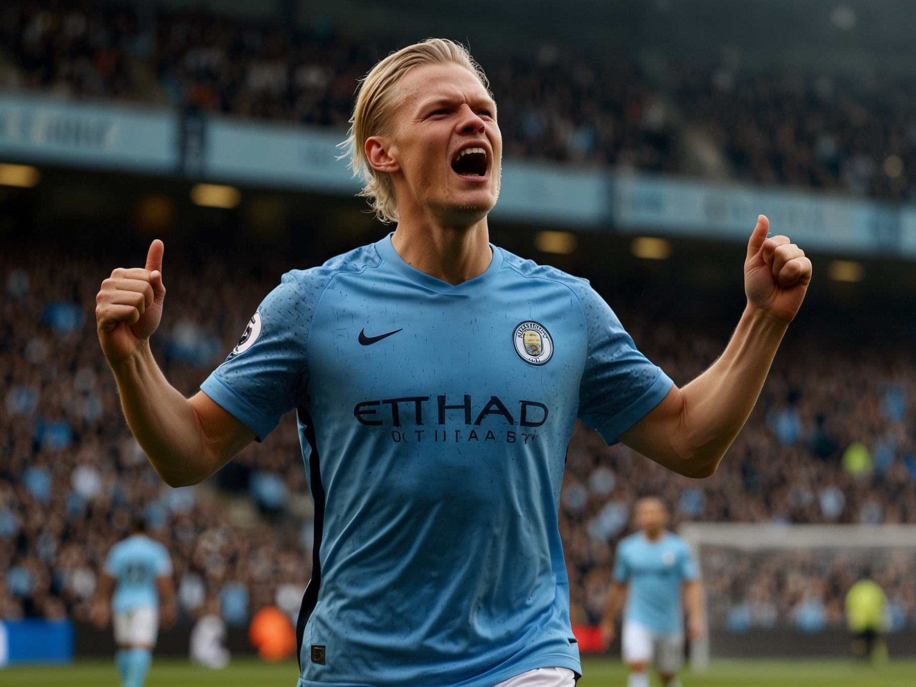 Erling Haaland, in a Manchester City jersey, celebrates after scoring a goal during a Premier League match. His determined expression and triumphant gesture capture his importance to the team.