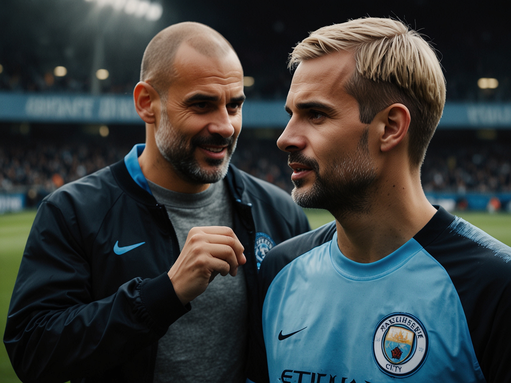 Pep Guardiola discusses strategies with Erling Haaland on the training ground. The image emphasizes their mutual respect and collaboration, essential for Manchester City's continued success.