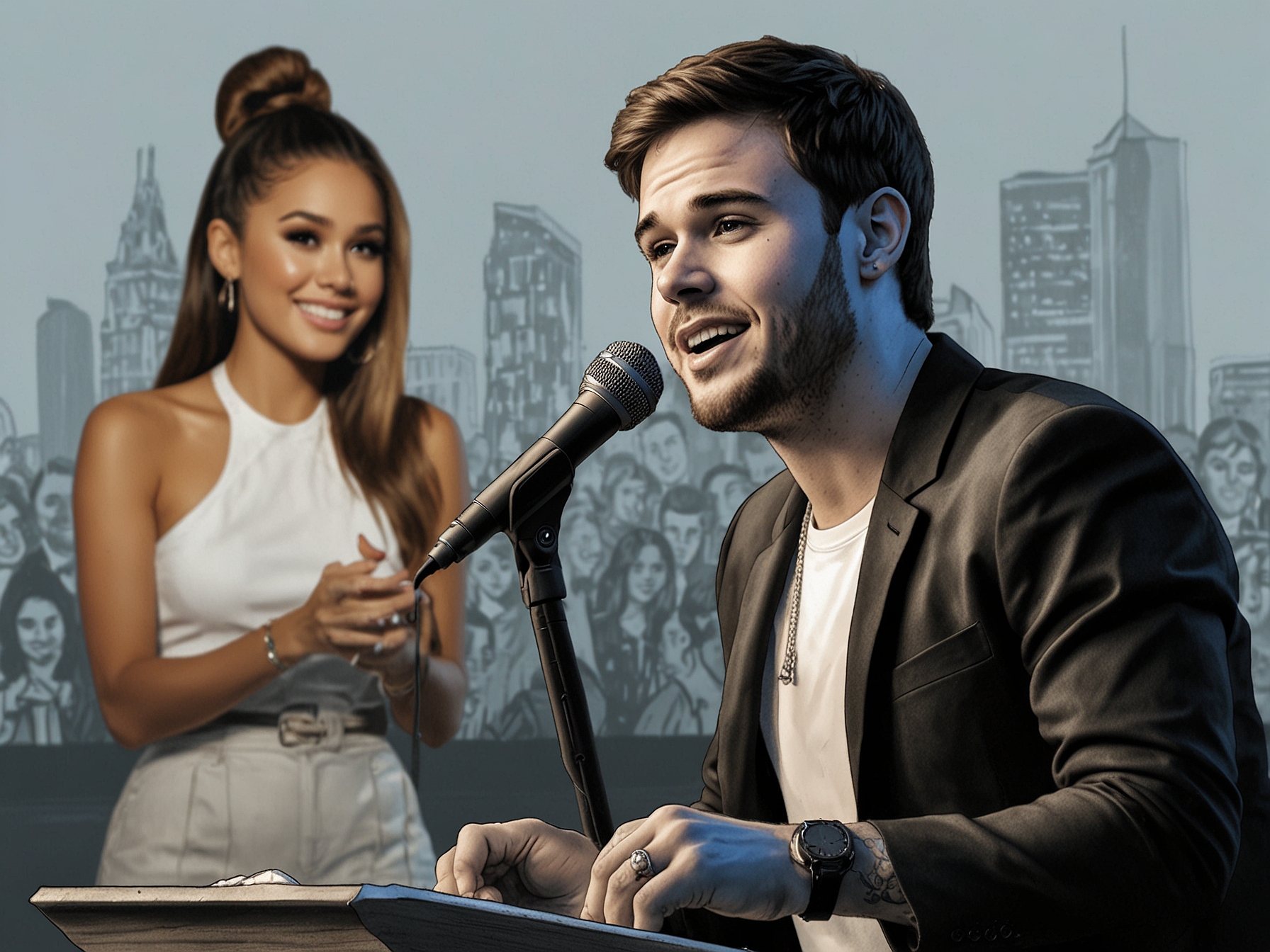 Scooter Braun announcing his retirement from music management at a press conference, with images of Justin Bieber and Ariana Grande in the background, highlighting his successful career.