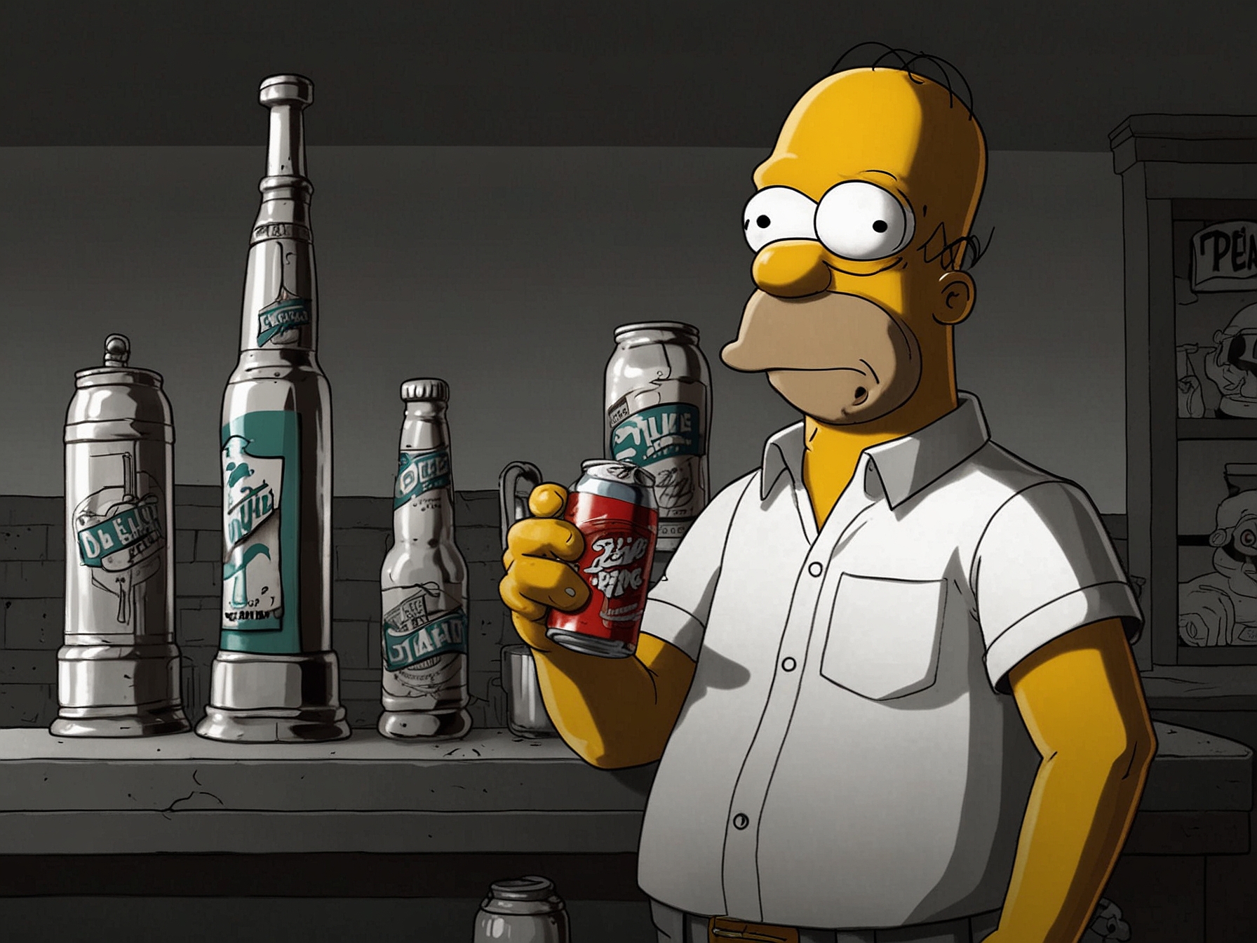 A scene from The Simpsons with Homer Simpson holding a can of Duff Beer, showcasing the drink's recurring presence in the iconic animated series.