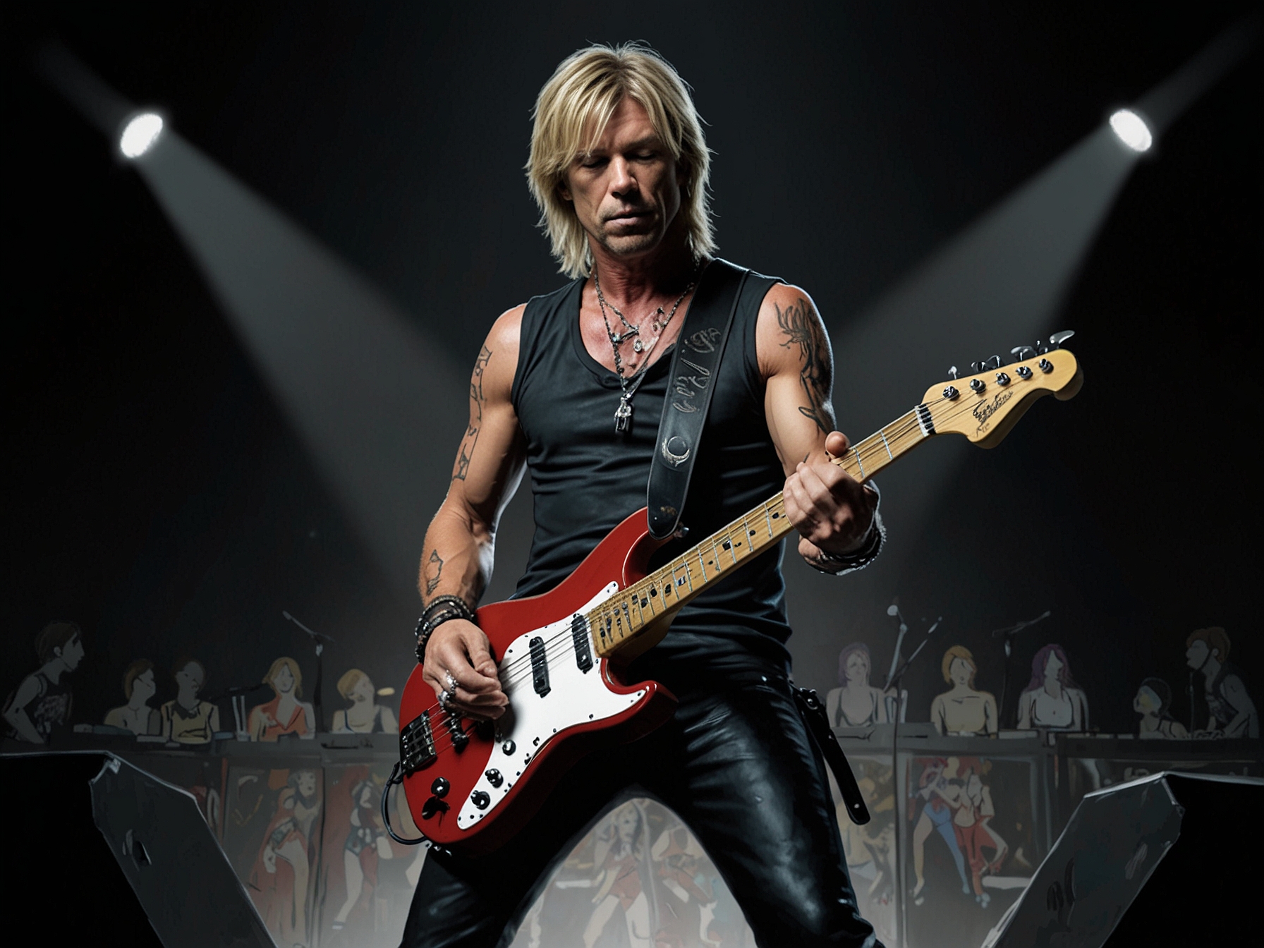 Duff McKagan playing the bass guitar on stage, representing his belief that Duff Beer was named after him, adding a rock and roll twist to the story.
