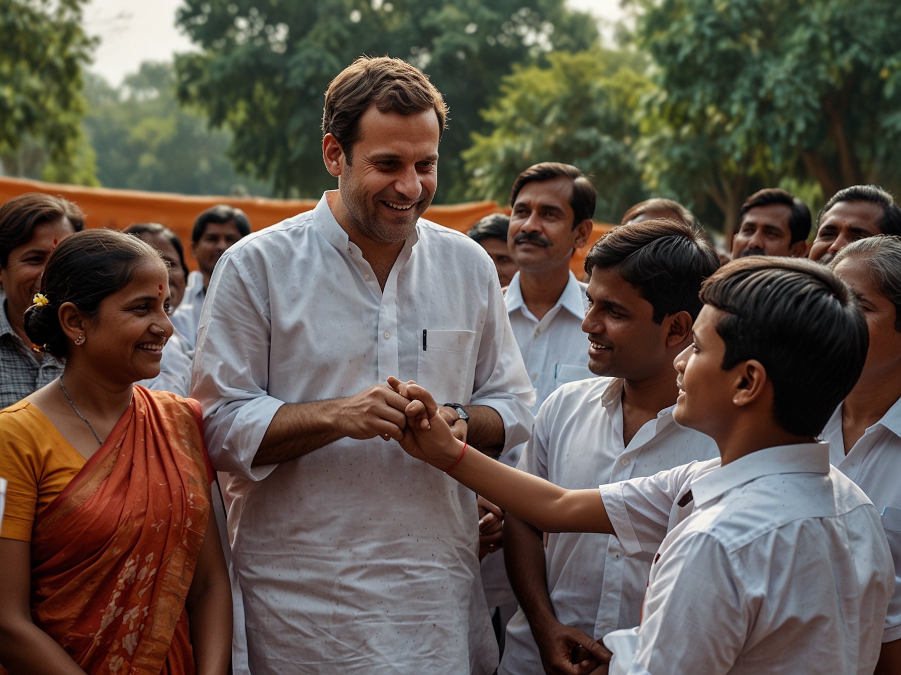 Rahul Gandhi interacting with the people of Rae Bareli, representing the emotional and familial bonds that influence his political decisions, highlighting his dedication to the constituency.