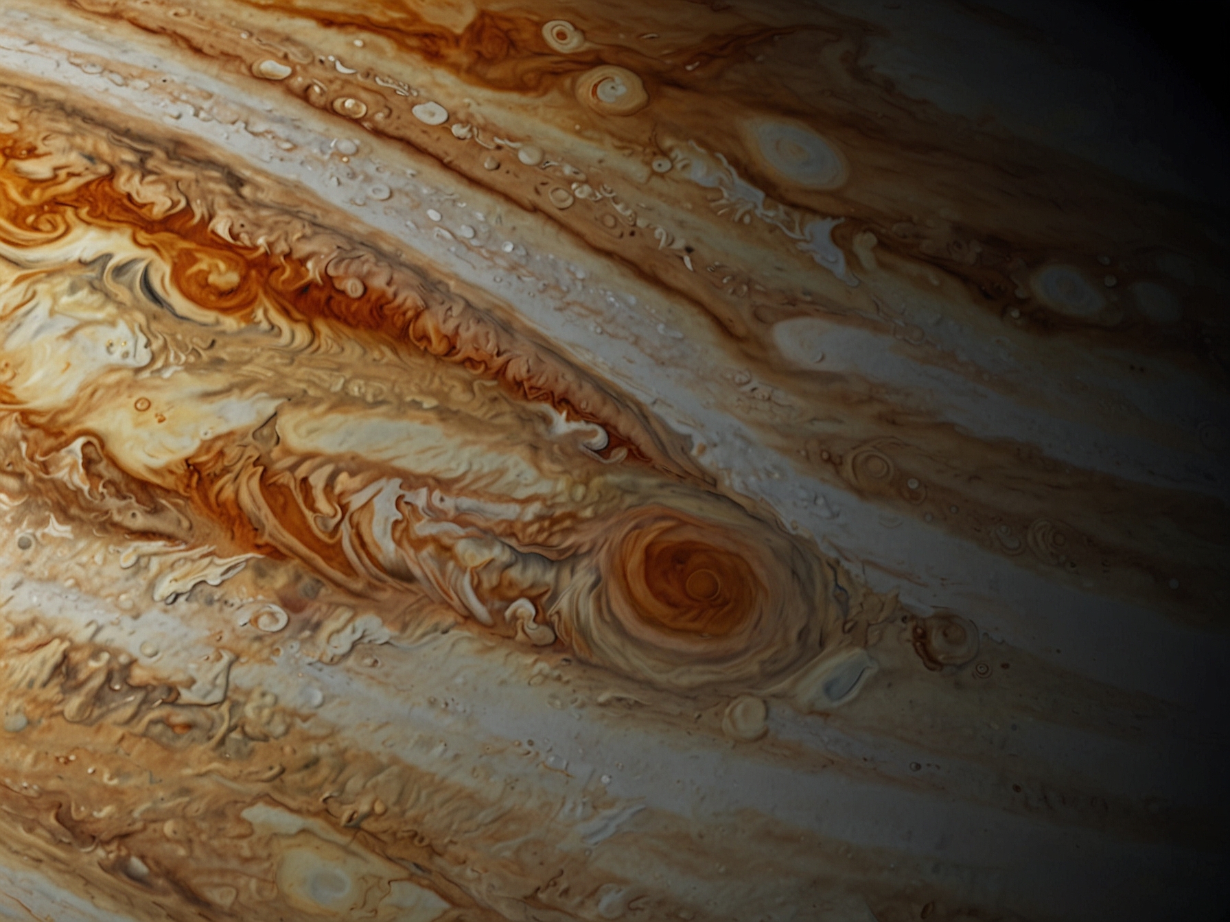 An illustration of Jupiter showcasing the Great Red Spot. This massive, reddish storm appears prominently, highlighting its counter-clockwise rotation and significant size compared to the planet.