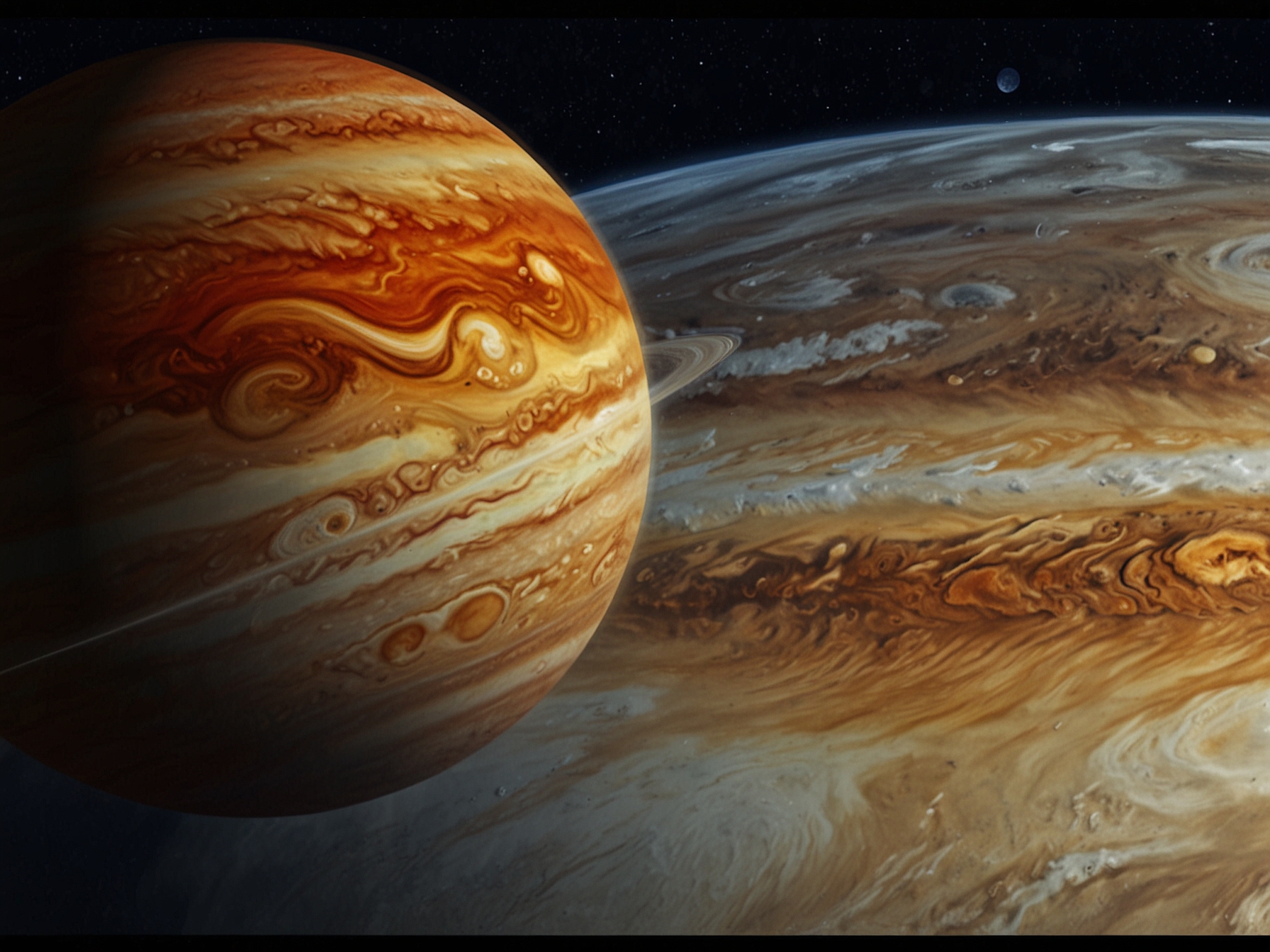 A comparative graphic showing the size of the Great Red Spot relative to Earth. The image emphasizes the storm's enormity and its enduring presence on Jupiter's surface.