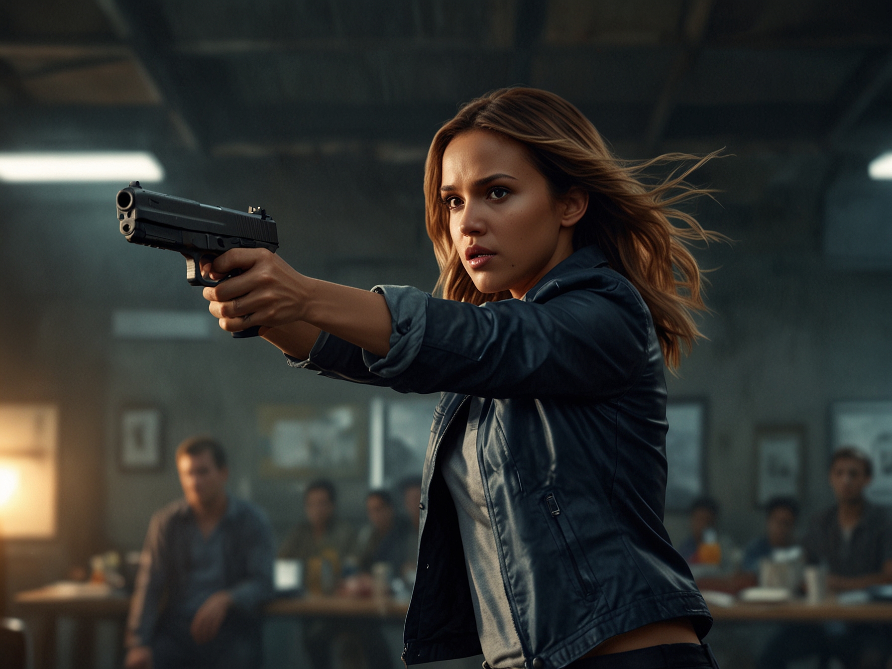 A sneak peek of 'Trigger Warning' featuring action-packed scenes with Jessica Alba in character. The image highlights her return to the action genre, creating anticipation for the Netflix release.