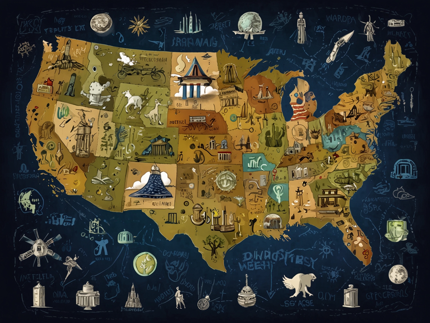 An illustration of the United States with various icons representing major industries such as technology, healthcare, and renewable energy, symbolizing its dominance in global investments.