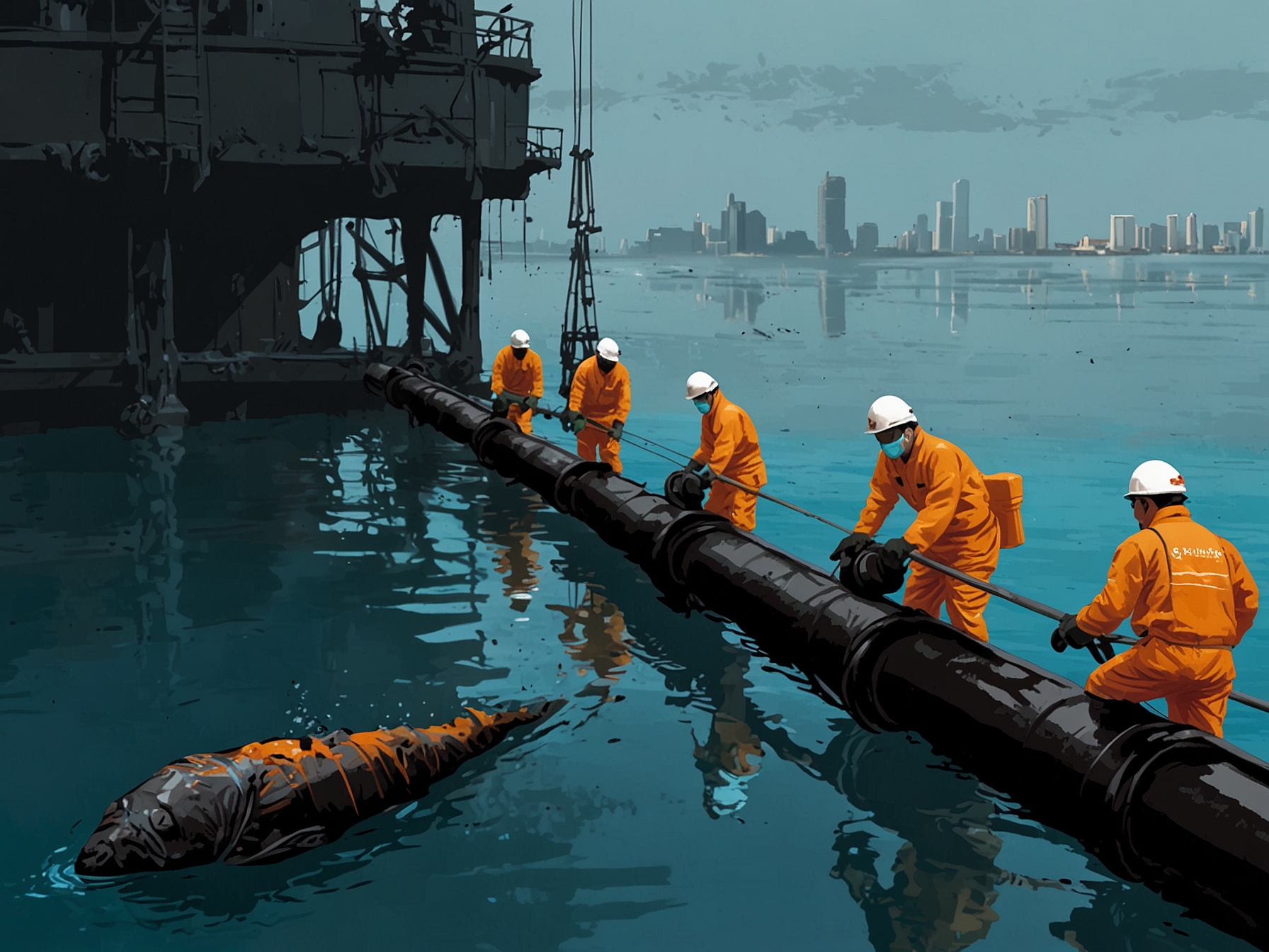 A depiction of a large-scale oil spill cleanup operation in Singapore, showing environmental workers using containment booms and skimmers to recover spilled oil and protect marine life.