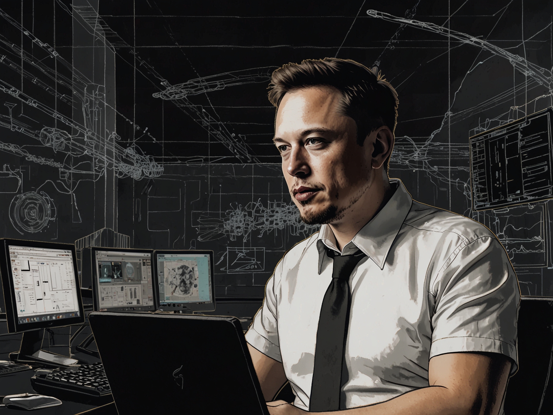 An illustration depicting Elon Musk overseeing a digital security operation, emphasizing X Corp's stringent policies against illegal content and commitment to user safety.