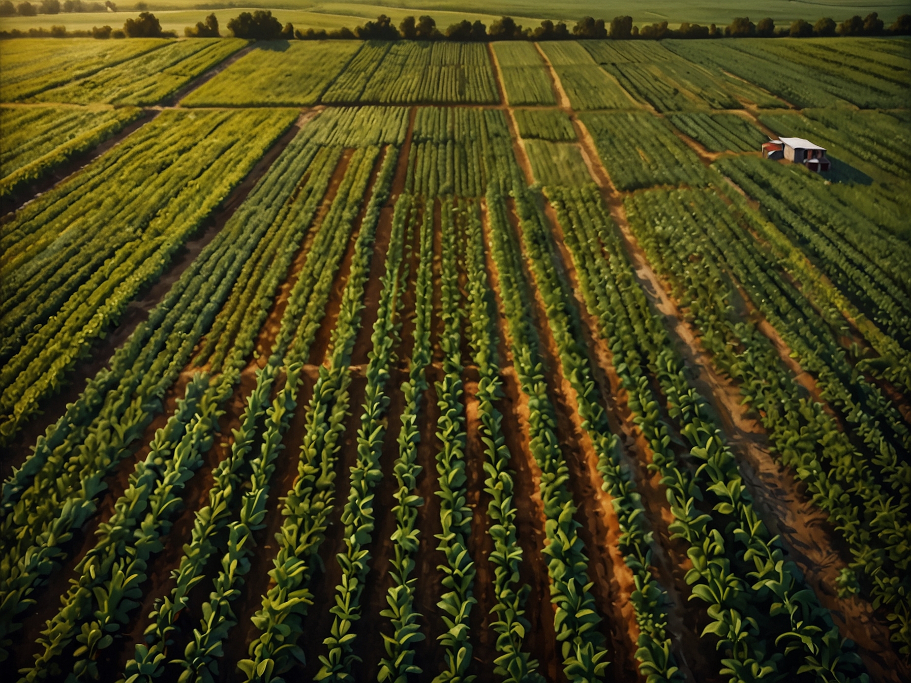 An aerial view of flourishing soybean fields in America's heartland, showcasing the crop's extensive cultivation and the advanced farming technologies employed by dedicated farmers.