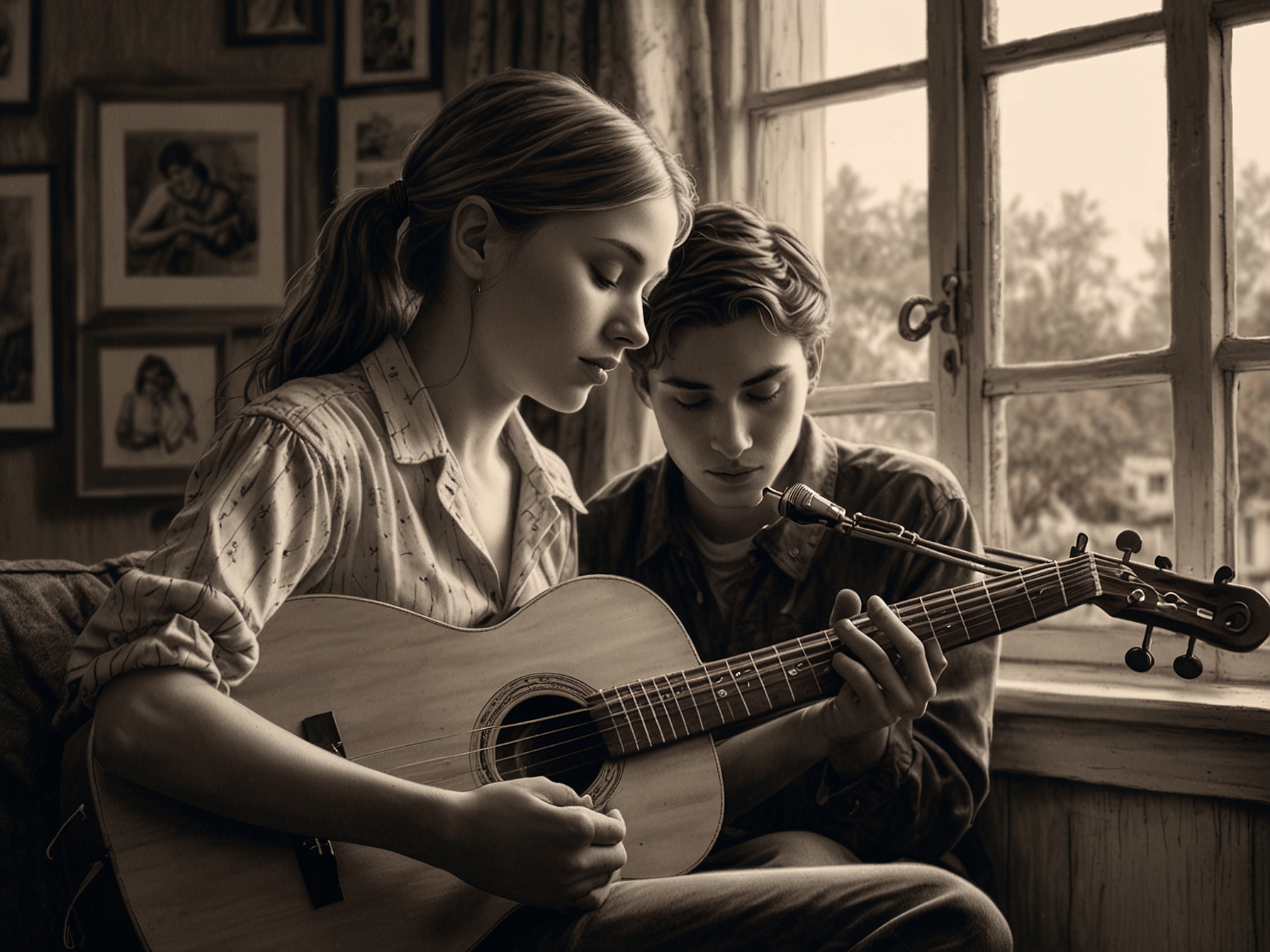 A scene from 'Heart Strings' where two young musicians, from different backgrounds, share a heartfelt moment playing music together, underscoring the film's themes of love and ambition.