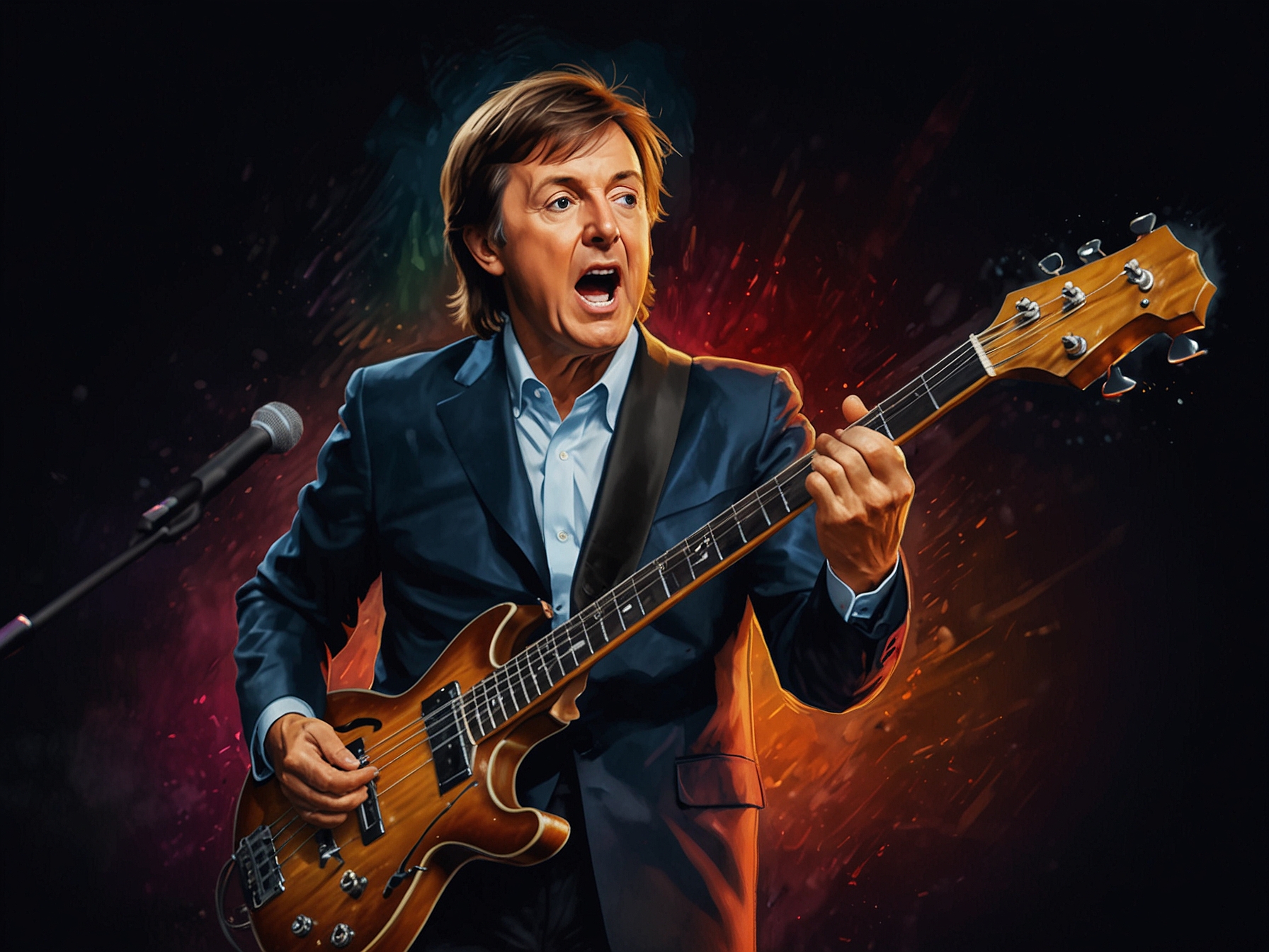 An image of Sir Paul McCartney on stage, passionately playing his iconic Höfner bass guitar, with a vibrant light show illuminating the background, capturing the energy of his live performances.