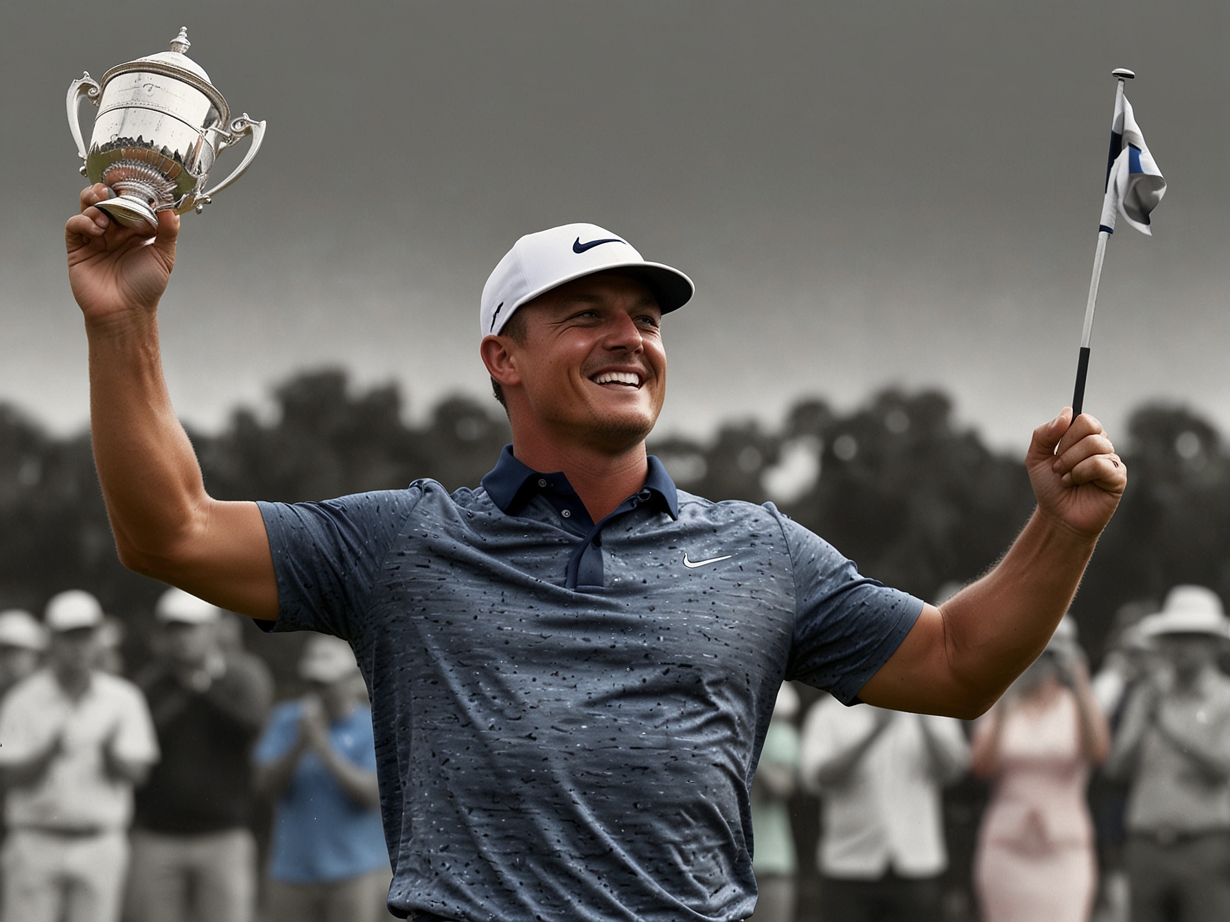 Bryson DeChambeau celebrating his victory at the U.S. Open, showcasing his steady focus and calm demeanor that led to his triumph amid McIlroy's missed opportunities.