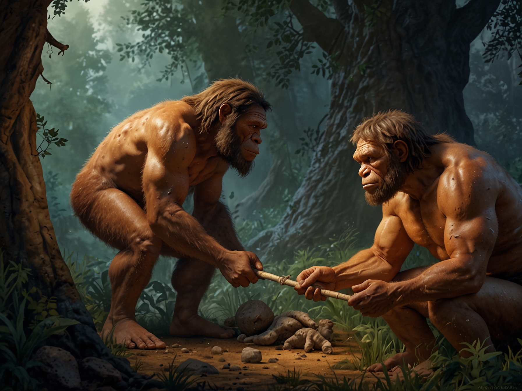 An image depicting human and Neanderthal interbreeding, symbolizing genetic inheritance across autosomes, with scientific tools representing advances in ancient DNA extraction and sequencing.