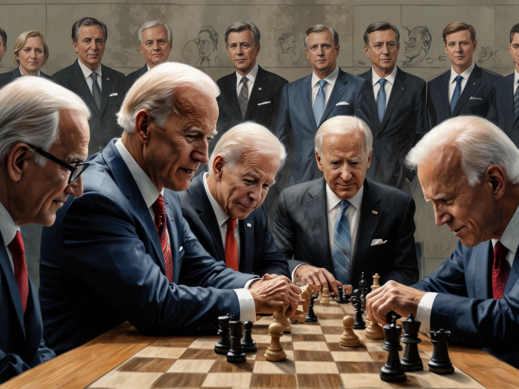 An illustration of President Biden playing chess, surrounded by other world leaders, highlighting his strategic and collaborative approach on issues like climate change and global health at the G7 summit.