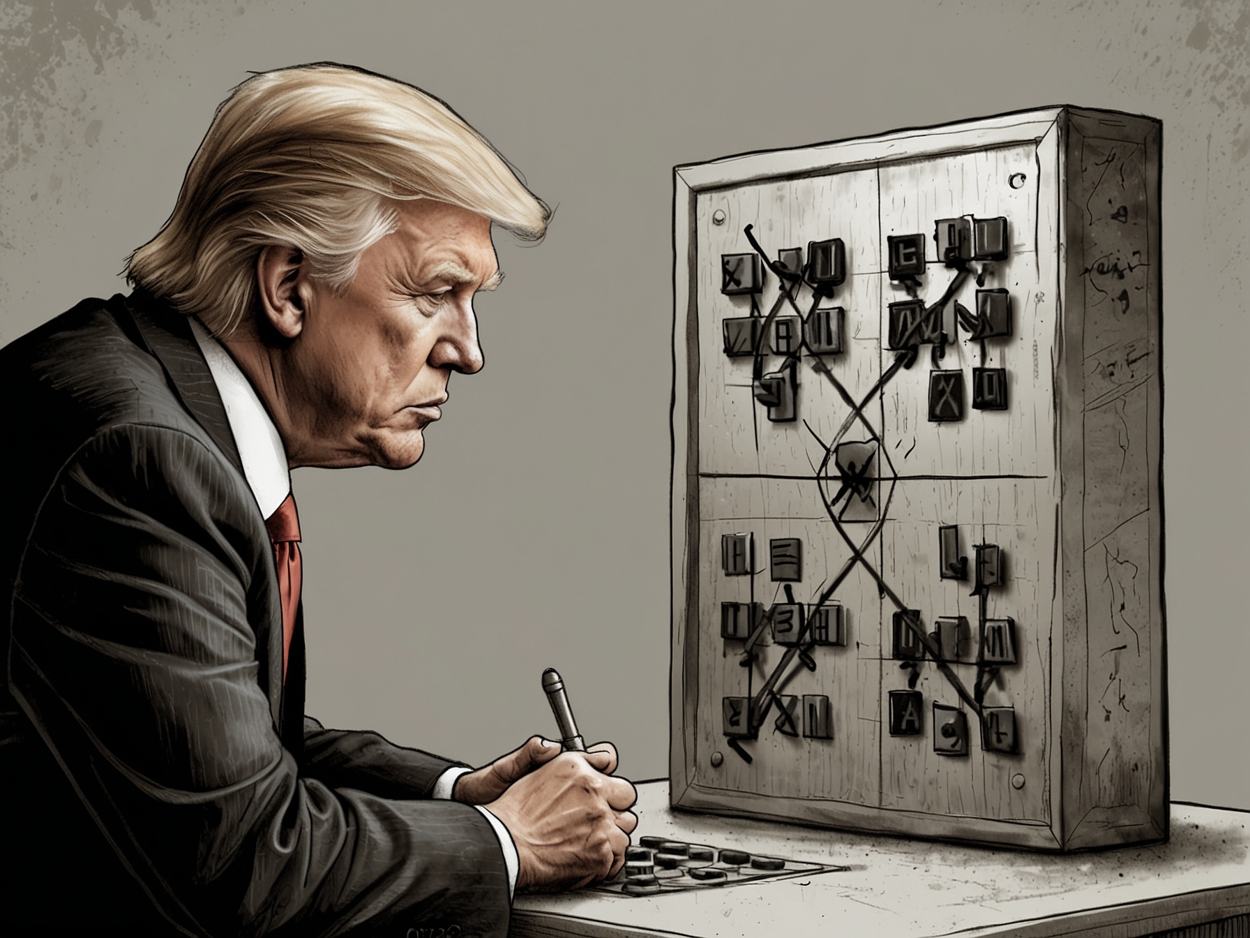 A cartoon of former President Trump struggling at a Tic-Tac-Toe board, emphasizing his confrontational and simplistic tactics in international relations compared to Biden's complex strategies.