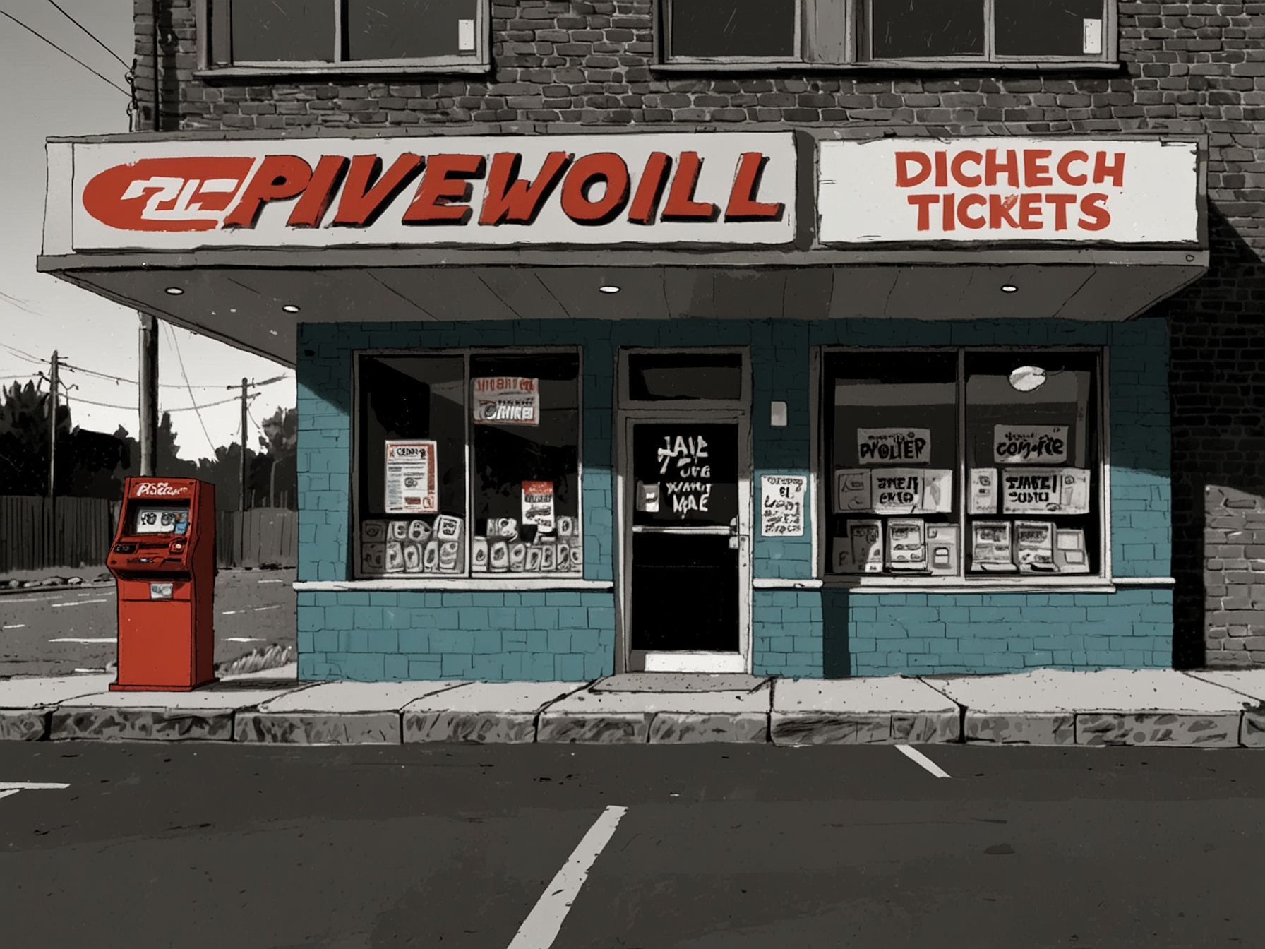 An image of a convenience store with a sign urging customers to check their Powerball tickets. This highlights the point of purchase where the winning tickets were bought.
